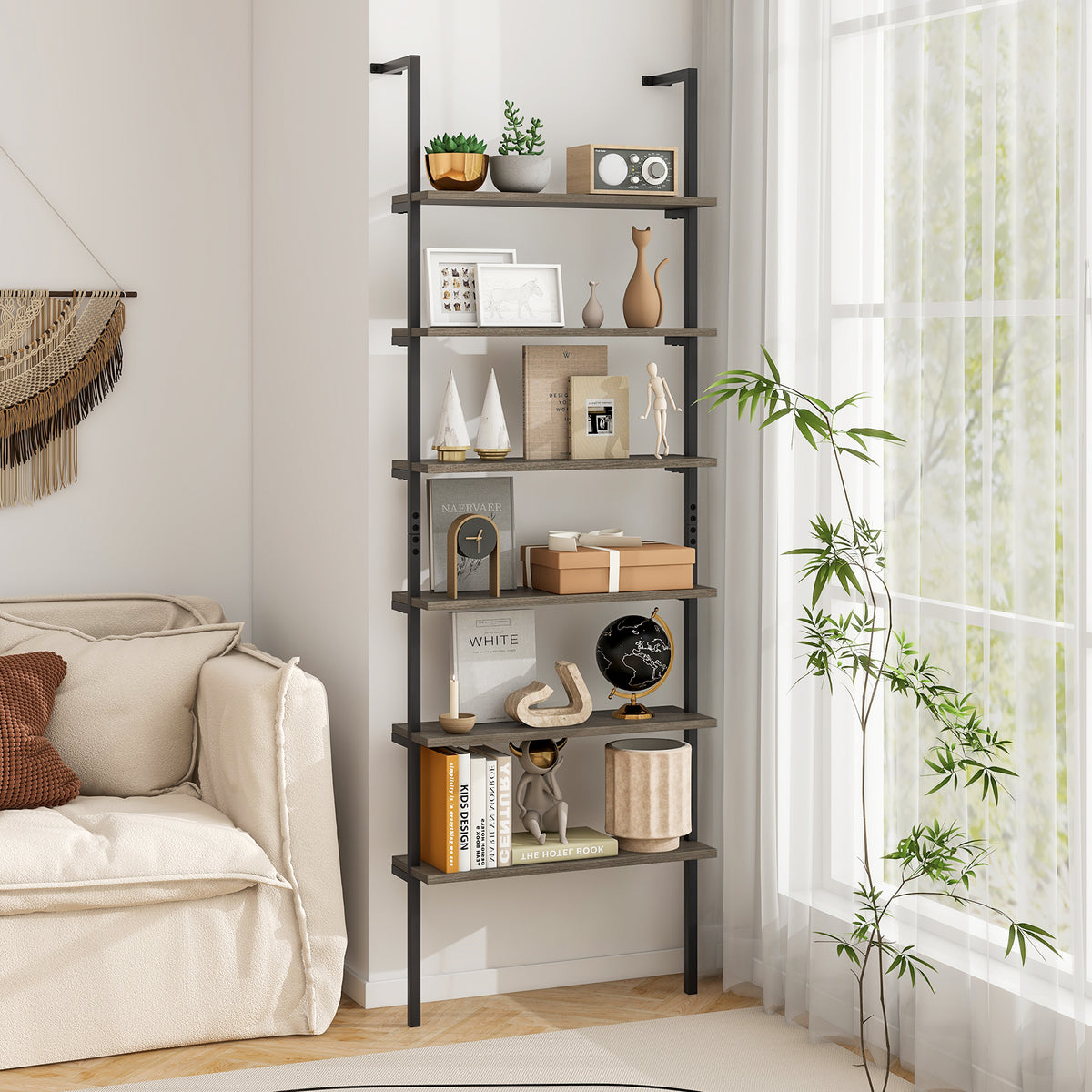 6-tier Ladder Shelf 72 Inches Industrial Wall Mounted Bookshelf-Oak-Bookcases-DECOROLALA