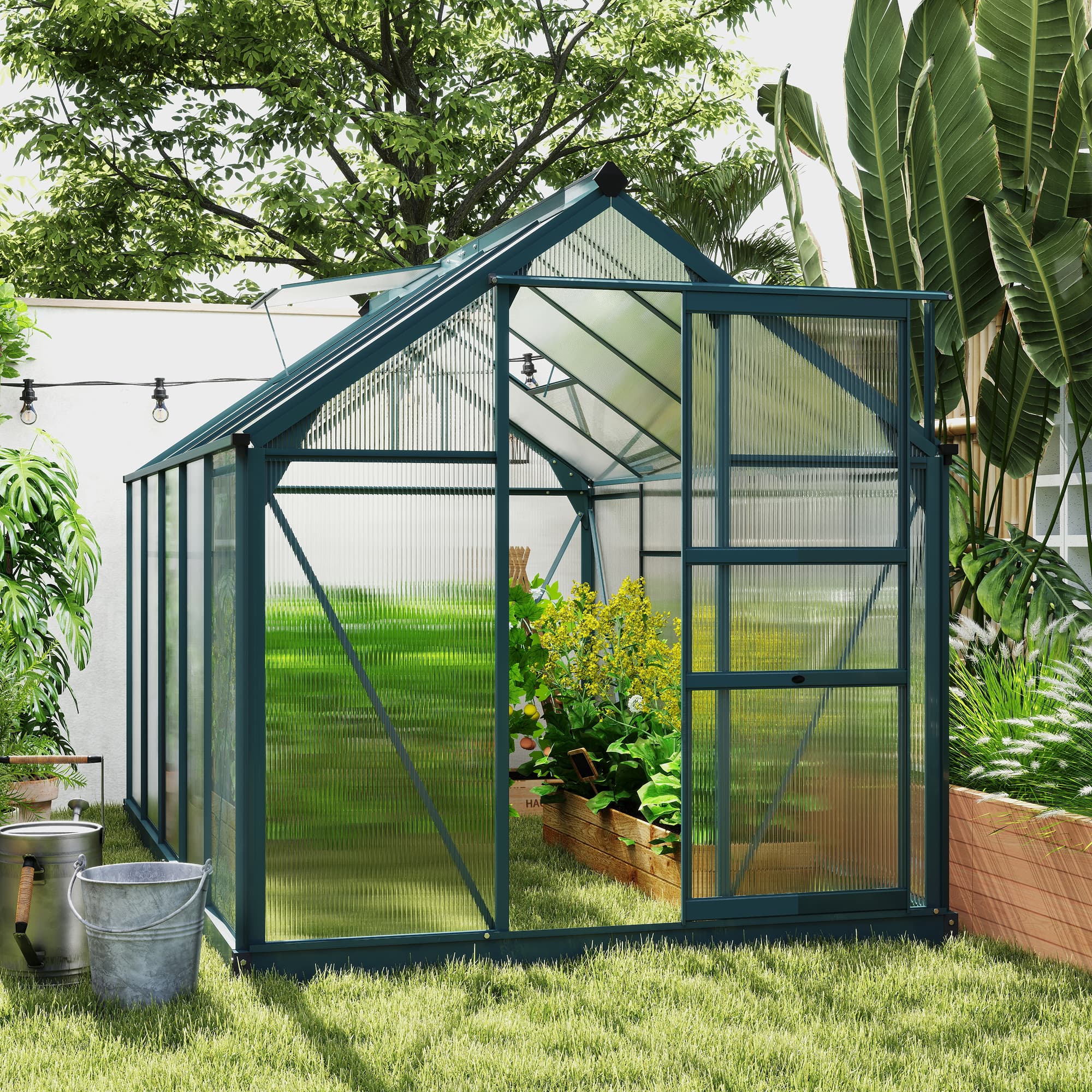 6' x 10' Polycarbonate Walk-In Greenhouse - Green-DECOROLALA