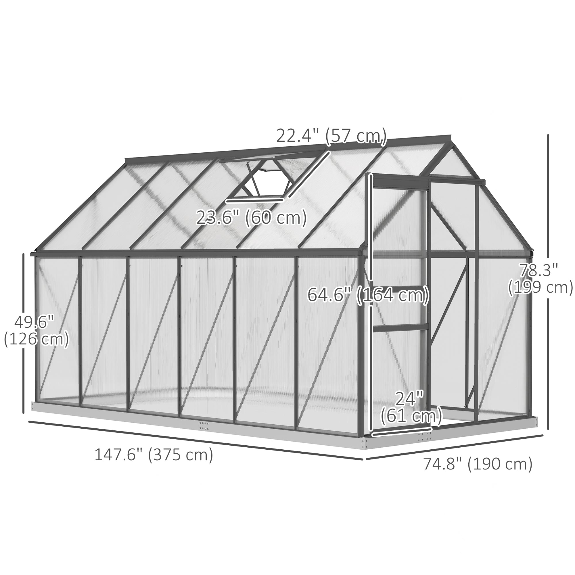 6' x 12' Polycarbonate Walk-in Greenhouse - Charcoal Grey-DECOROLALA