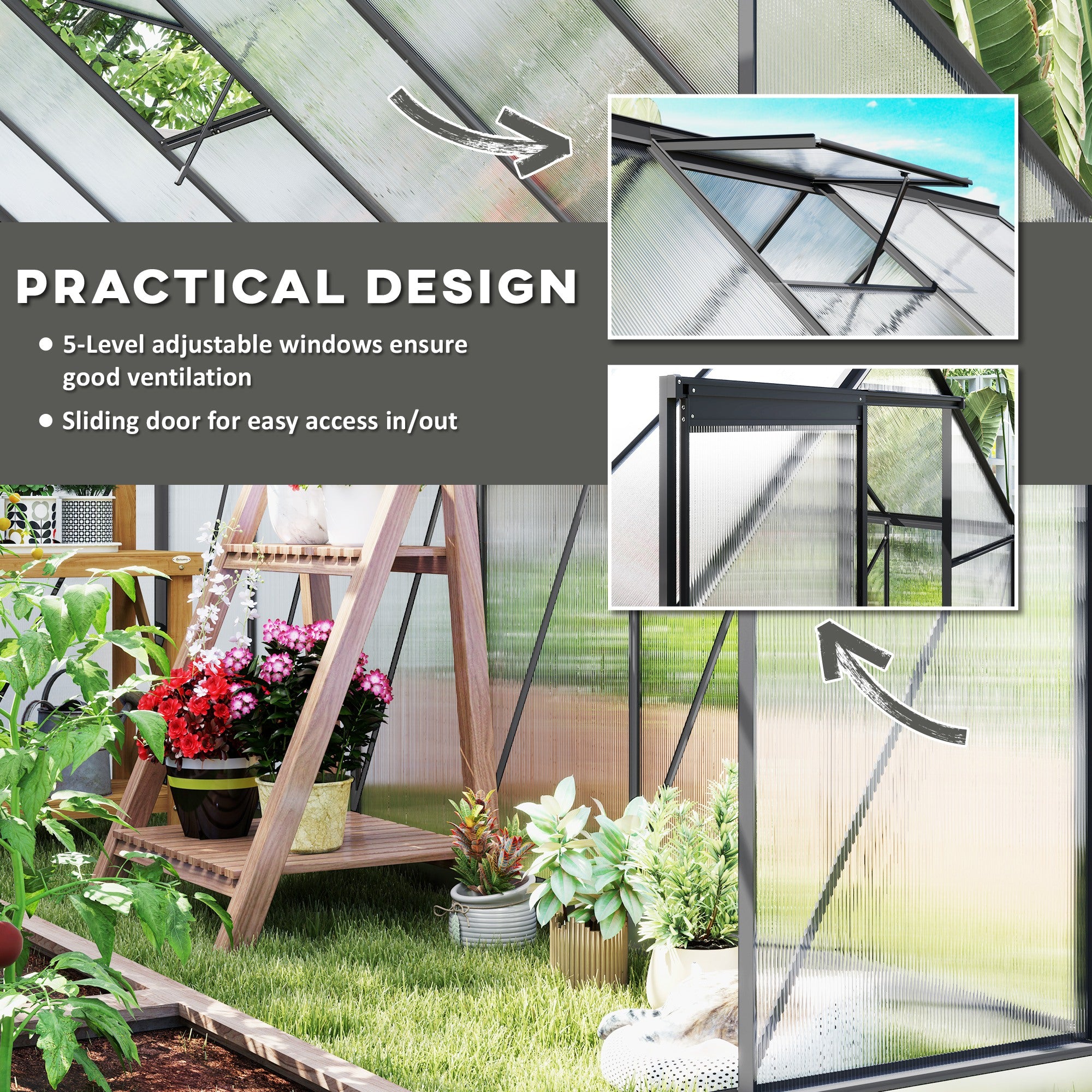 6' x 12' Polycarbonate Walk-in Greenhouse - Charcoal Grey-DECOROLALA
