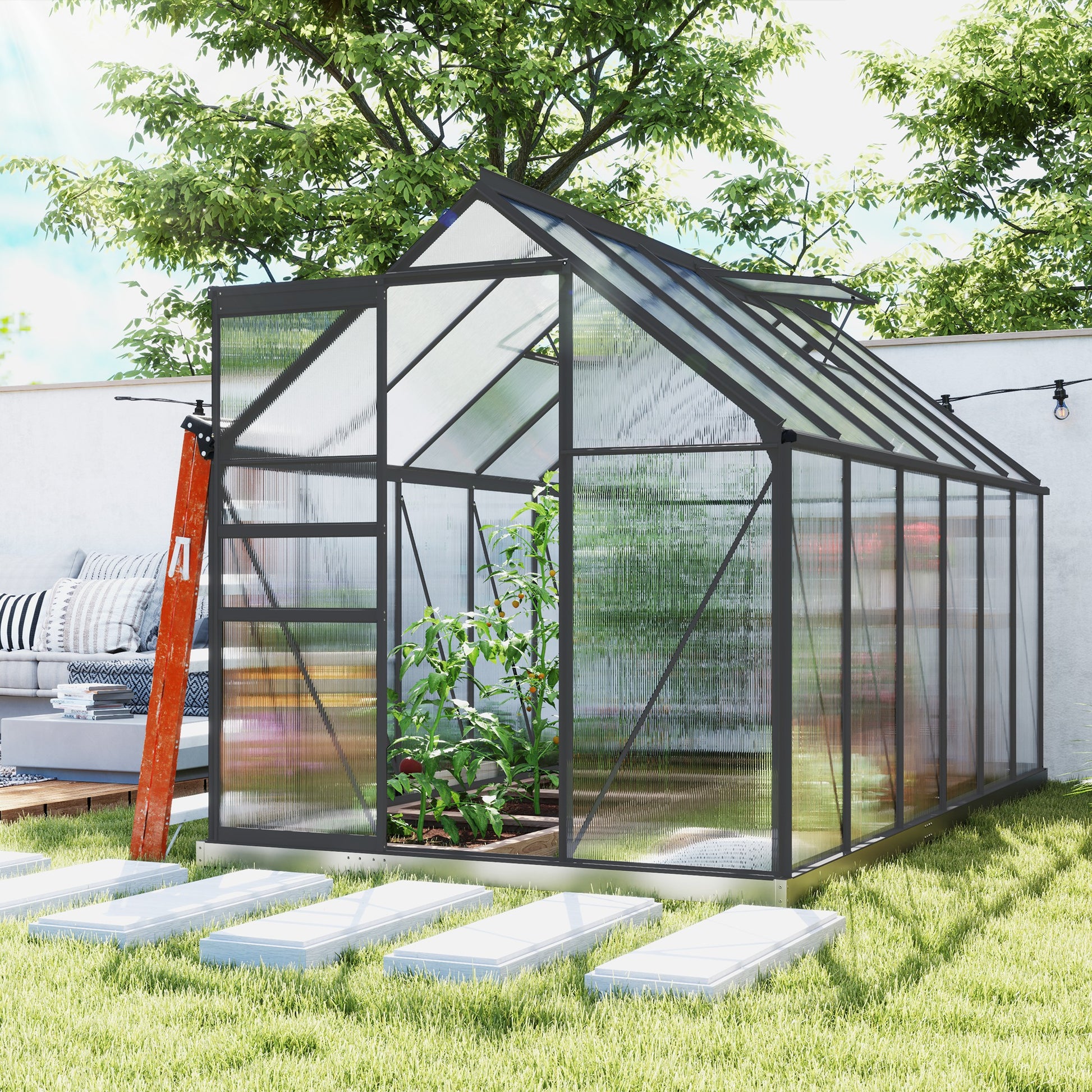 6' x 12' Polycarbonate Walk-in Greenhouse - Charcoal Grey-DECOROLALA