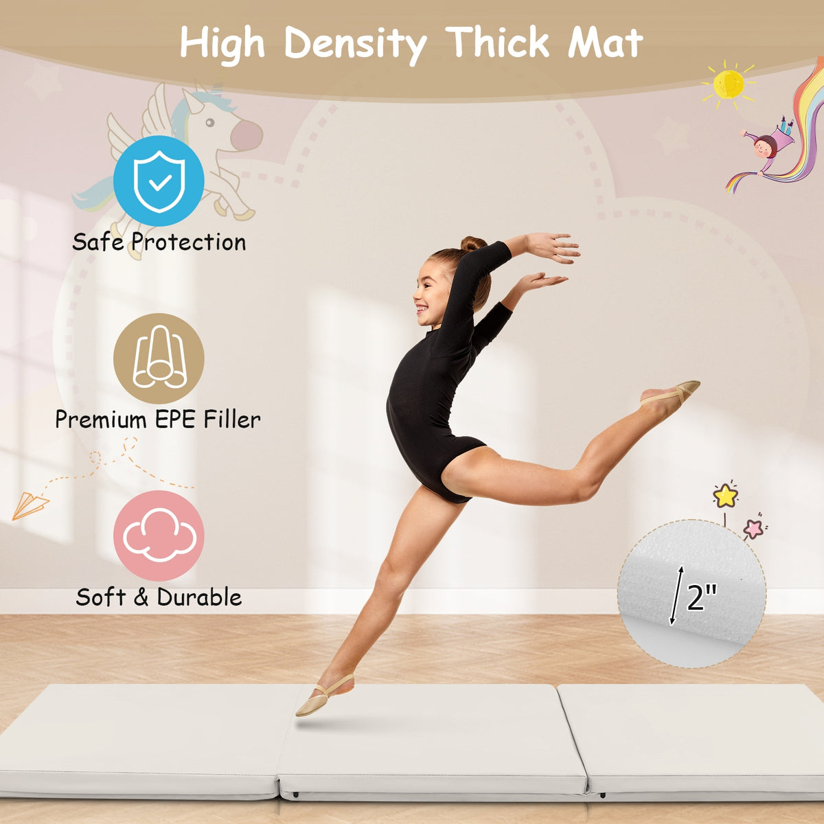 6 x 2 FT Tri-Fold Gym Mat with Handles and Removable Zippered Cover-Light Gray-Yoga & Gym Mats-DECOROLALA