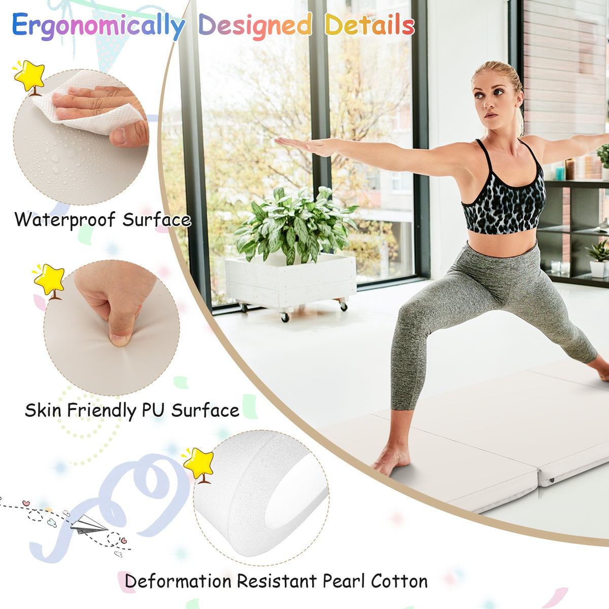 6 x 2 FT Tri-Fold Gym Mat with Handles and Removable Zippered Cover-Light Gray-Yoga & Gym Mats-DECOROLALA