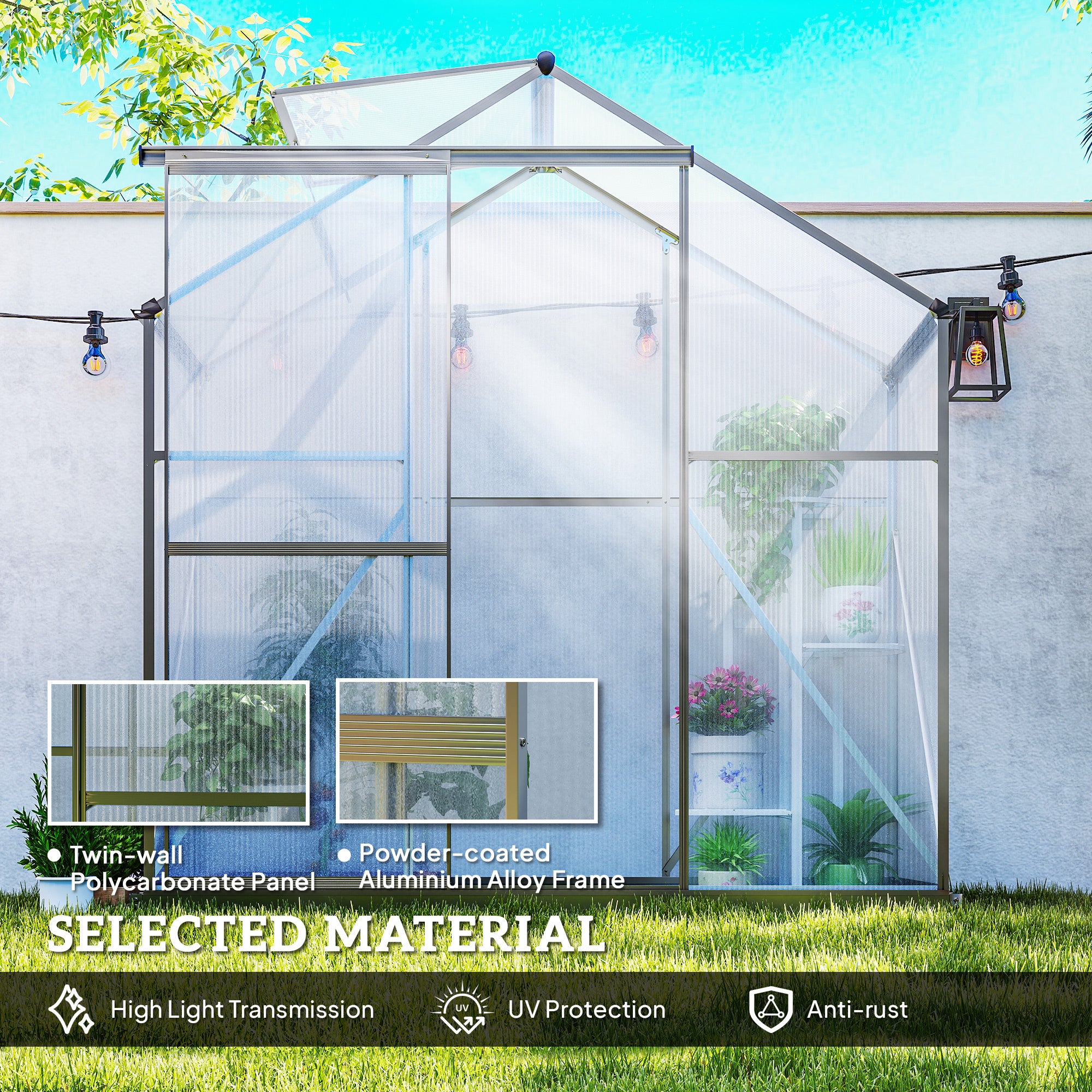 6' x 2.5' Polycarbonate Greenhouse - Grey Aluminium-DECOROLALA
