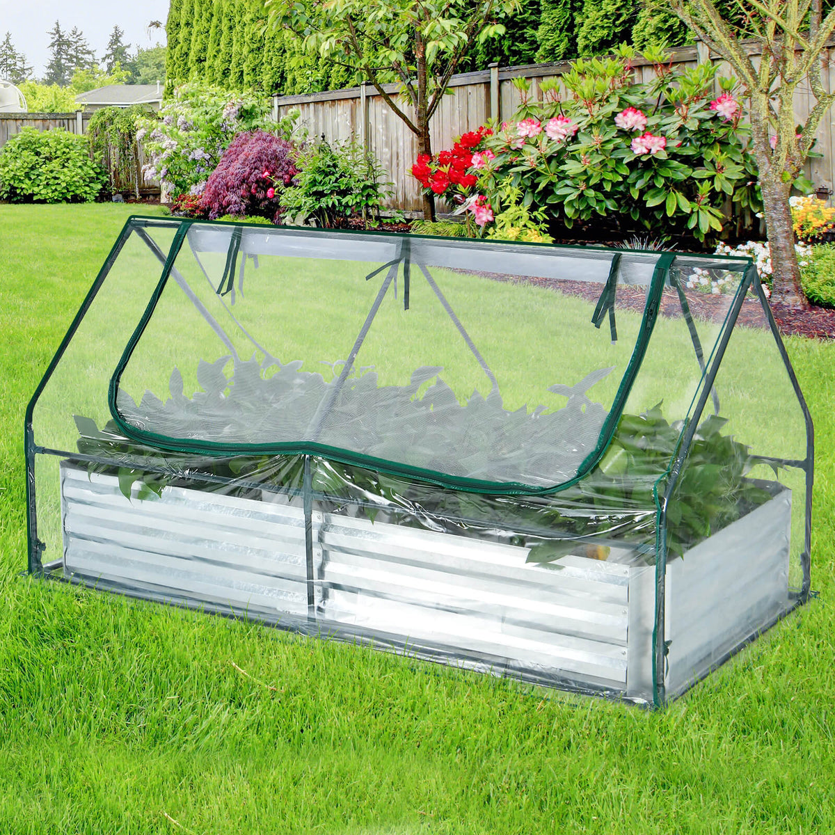 6 x 3 x 3 Feet Galvanized Raised Garden Bed with Greenhouse-Silver-Raised Garden Beds-DECOROLALA