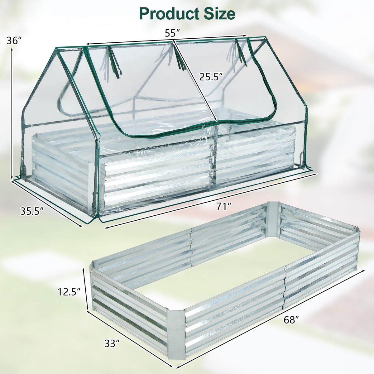 6 x 3 x 3 Feet Galvanized Raised Garden Bed with Greenhouse-Silver-Raised Garden Beds-DECOROLALA
