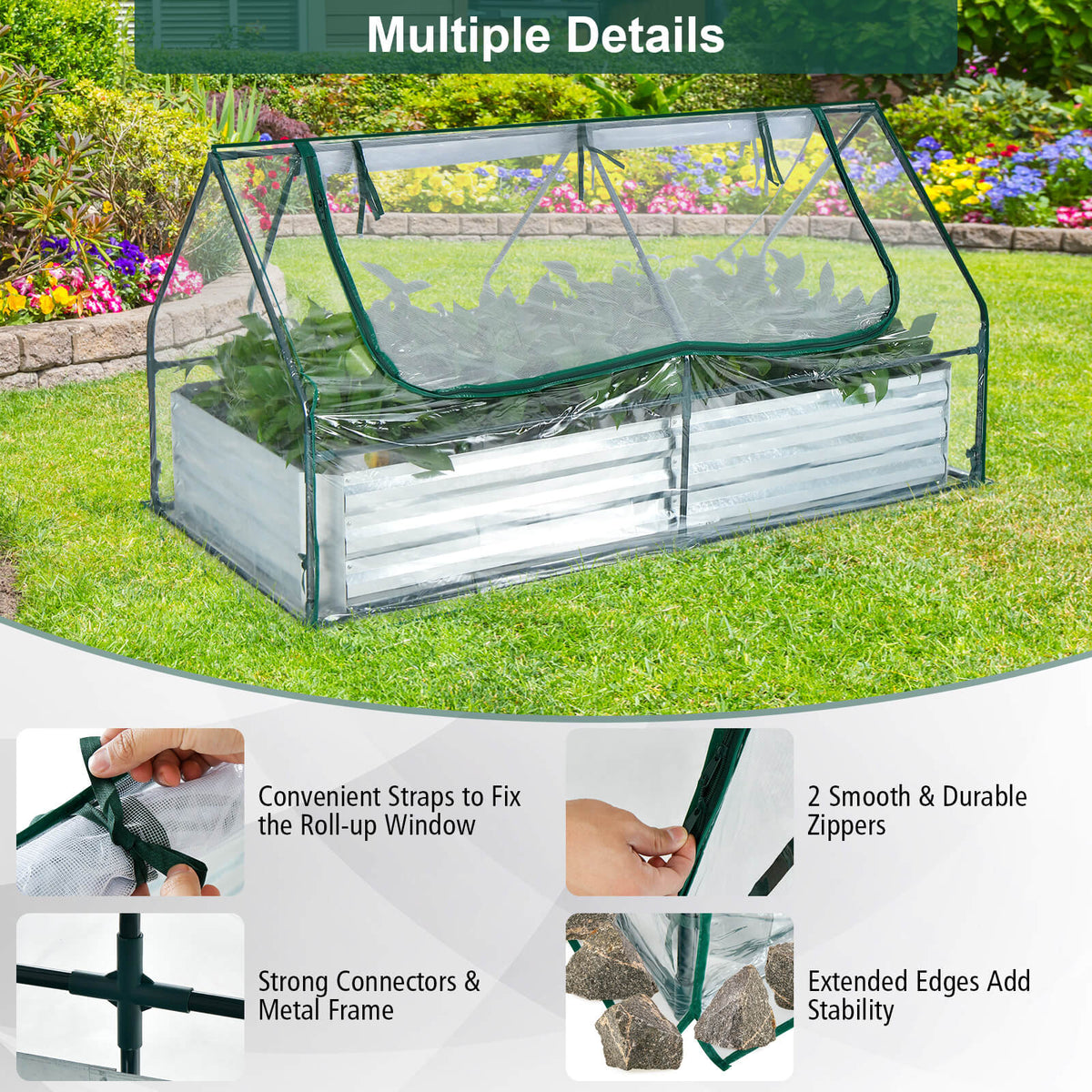 6 x 3 x 3 Feet Galvanized Raised Garden Bed with Greenhouse-Silver-Raised Garden Beds-DECOROLALA