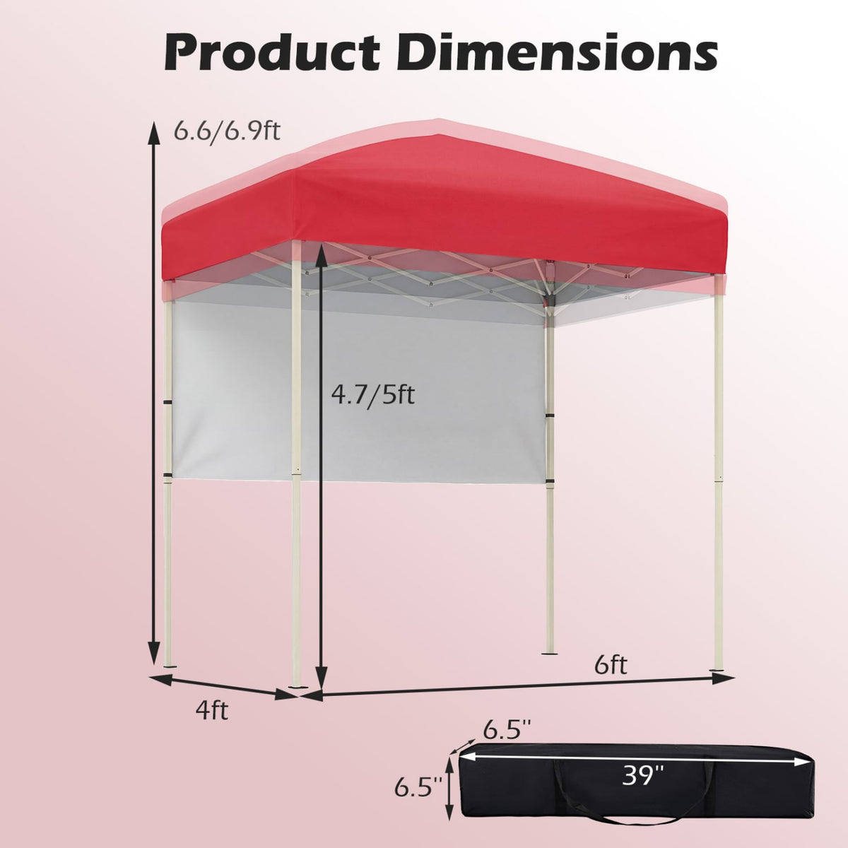 6 x 4 FT Pop-Up Canopy Tent with 1 Half Sidewall Easy Setup Folding Outdoor Sun Shelter-Red-Canopies-DECOROLALA