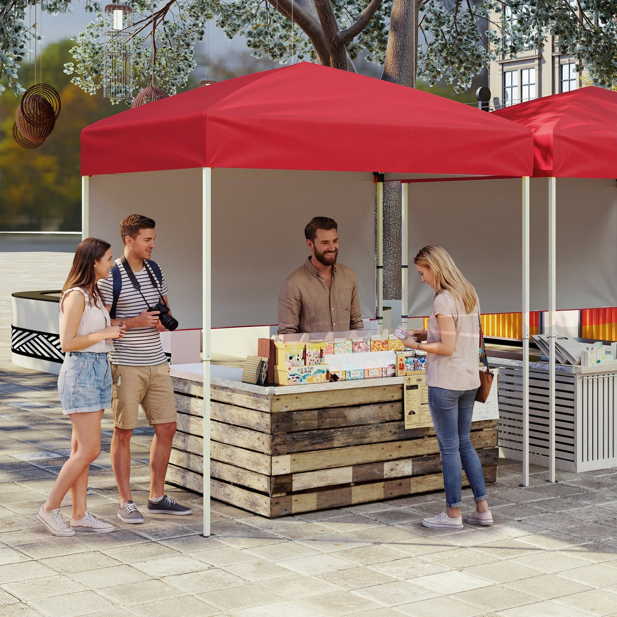6 x 4 FT Pop-Up Canopy Tent with 1 Half Sidewall Easy Setup Folding Outdoor Sun Shelter-Red-Canopies-DECOROLALA