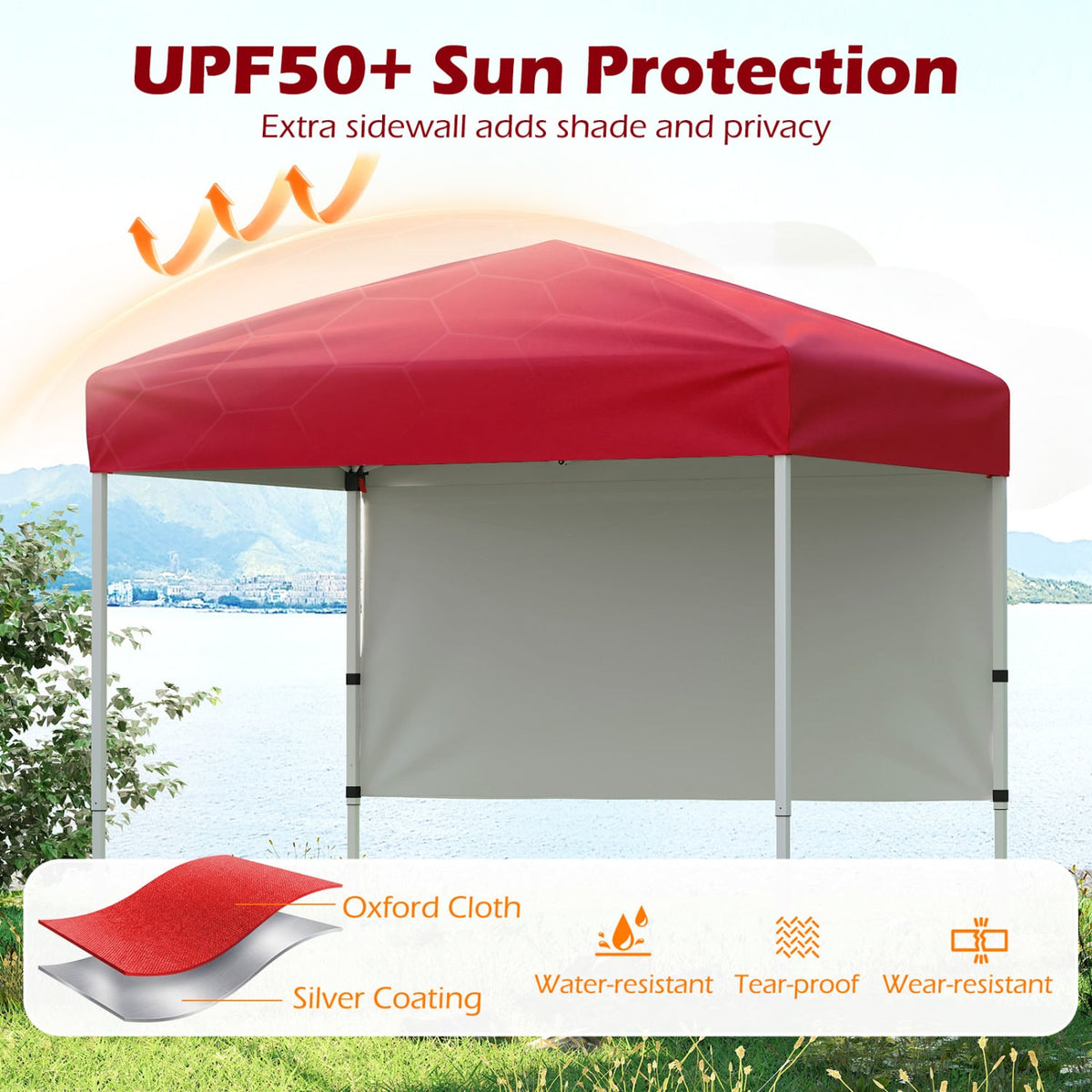 6 x 4 FT Pop-Up Canopy Tent with 1 Half Sidewall Easy Setup Folding Outdoor Sun Shelter-Red-Canopies-DECOROLALA