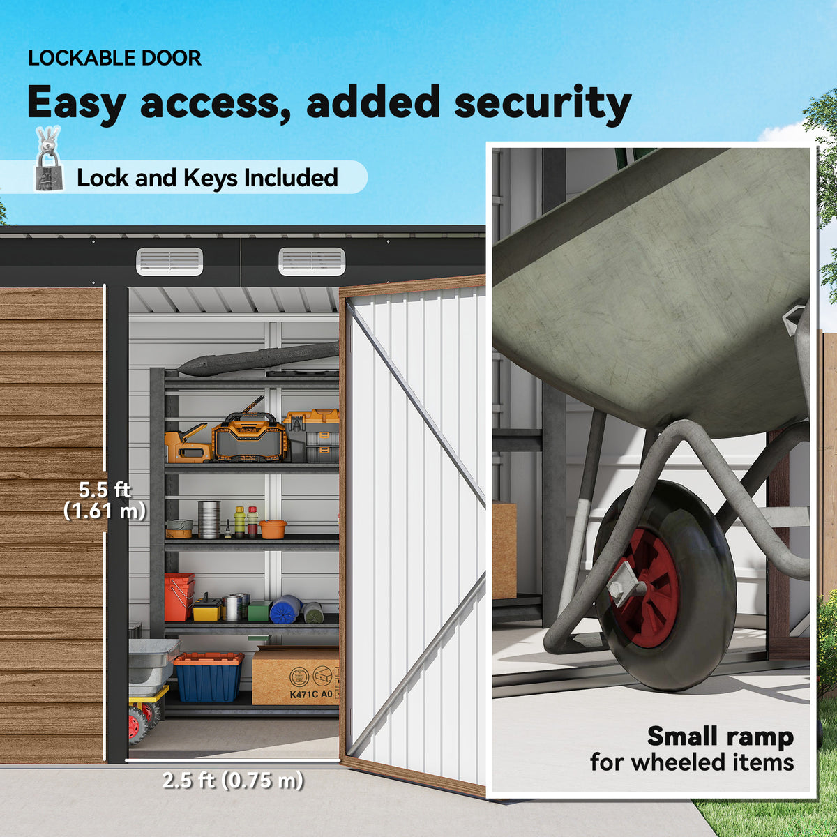 6' x 4' Galvanized Metal Garden Storage Shed - Teak-Storage Sheds-DECOROLALA