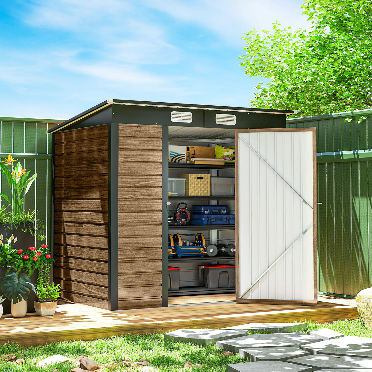 6' x 4' Galvanized Metal Garden Storage Shed - Teak-Storage Sheds-DECOROLALA