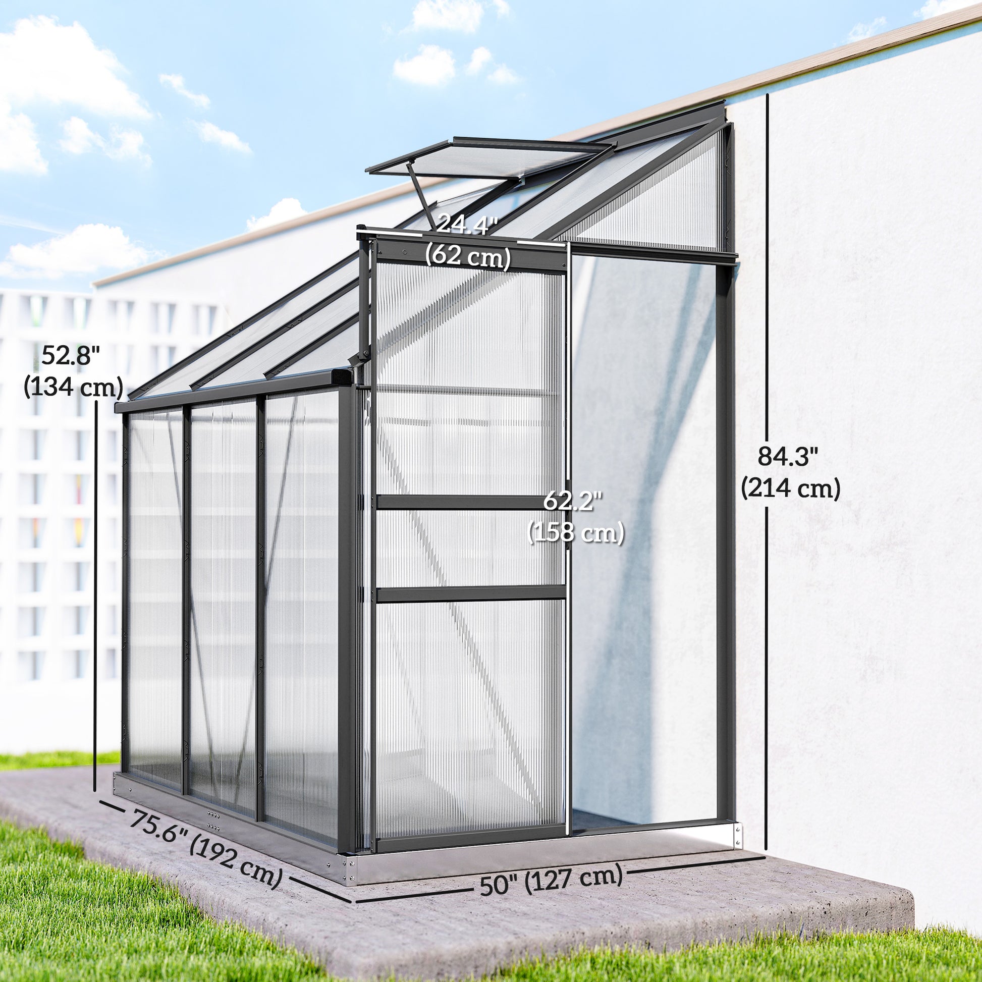 6' x 4' Lean-to Greenhouse - Dark Grey Aluminum & Polycarbonate-DECOROLALA