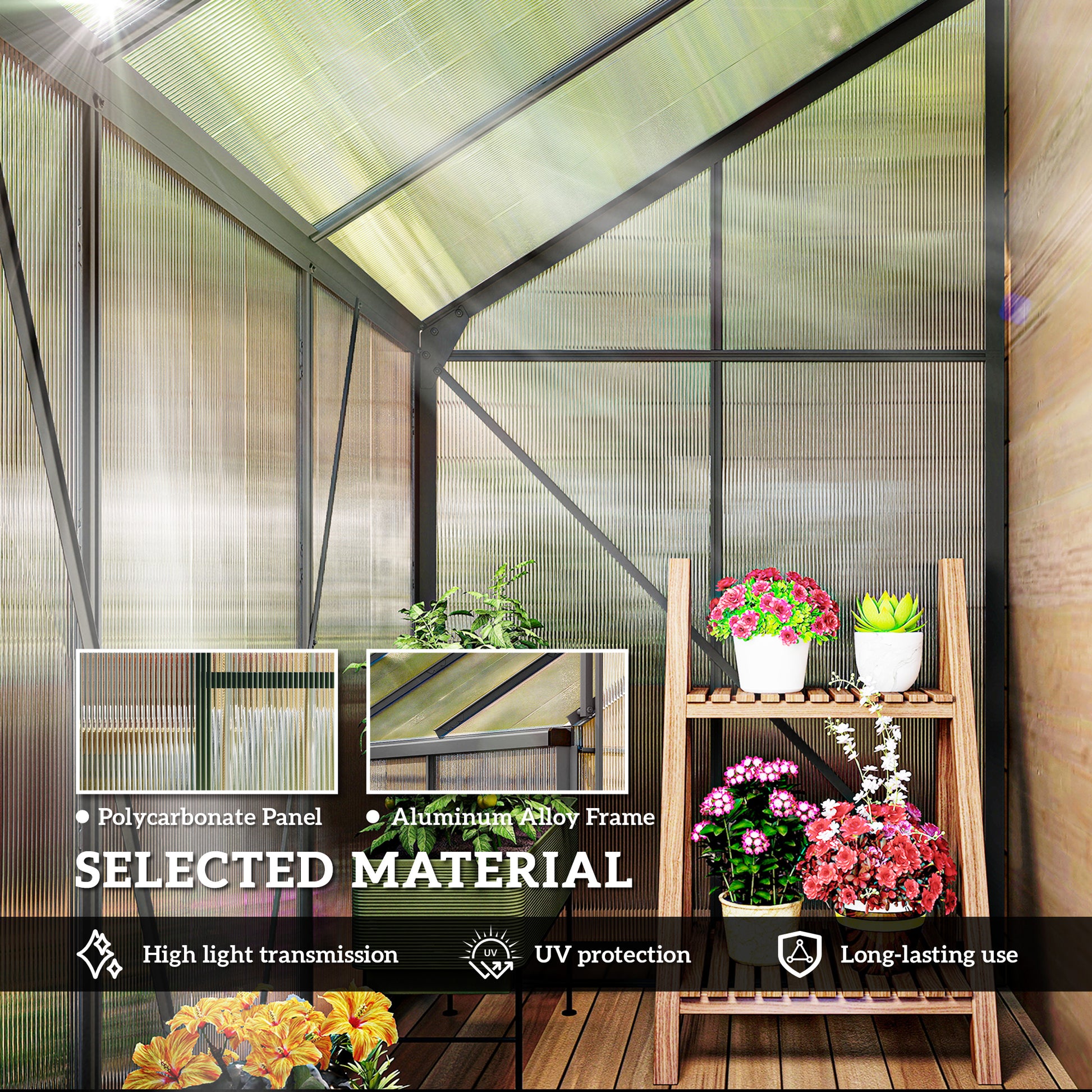 6' x 4' Lean-to Greenhouse - Dark Grey Aluminum & Polycarbonate-DECOROLALA