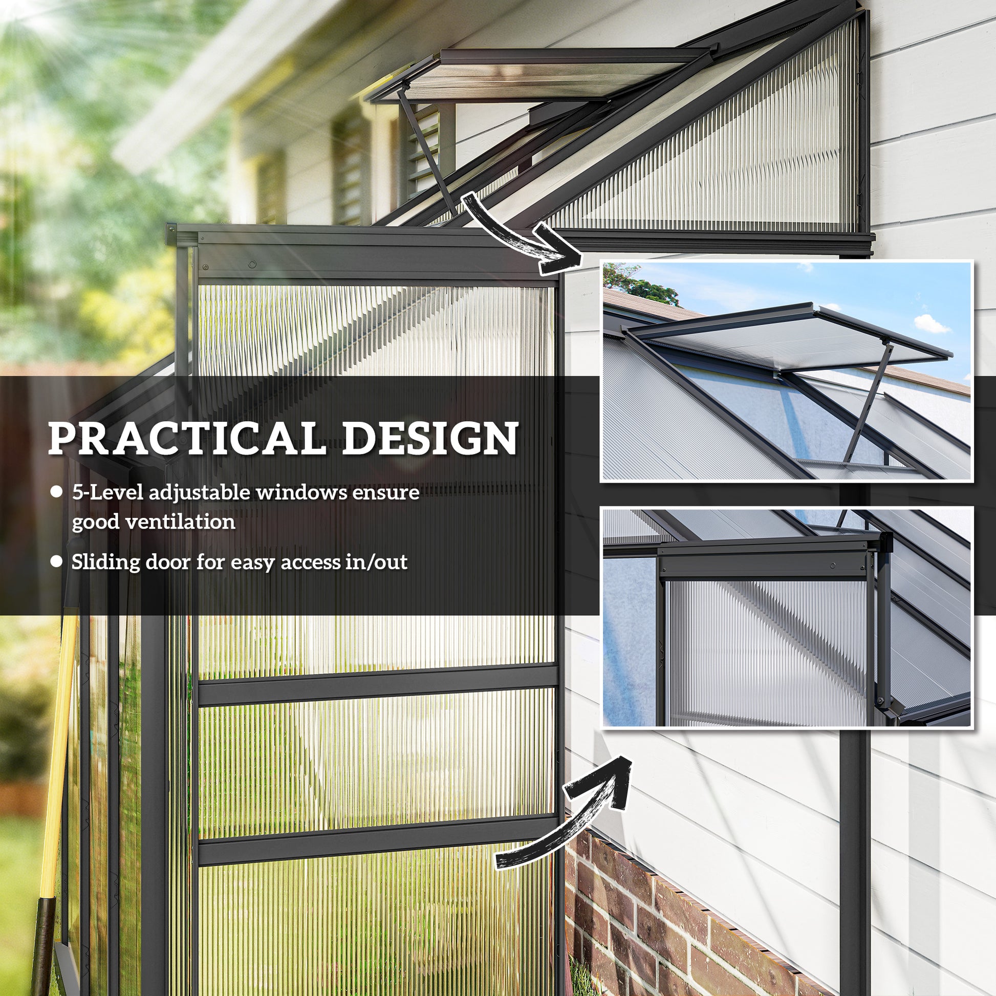 6' x 4' Lean-to Greenhouse - Dark Grey Aluminum & Polycarbonate-DECOROLALA