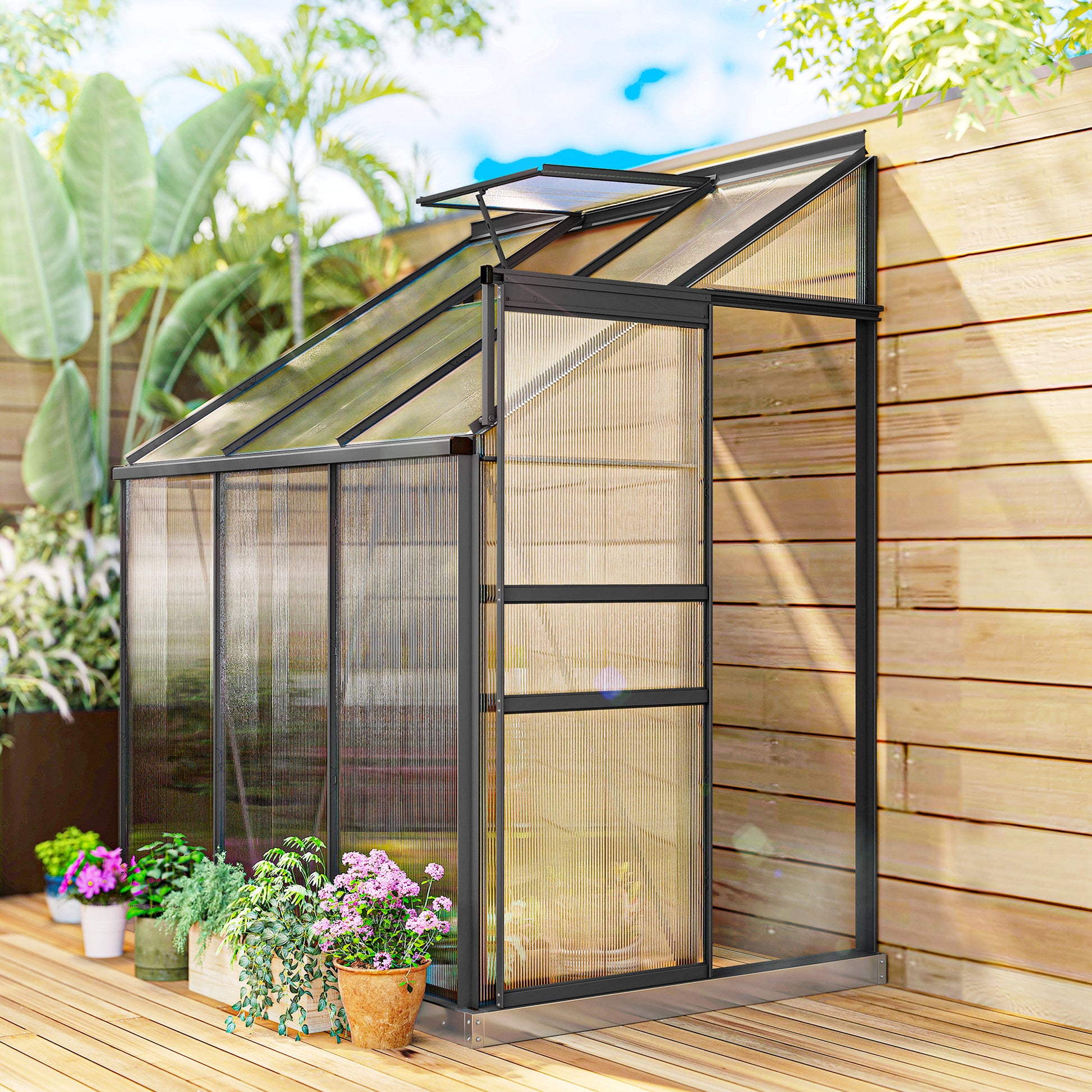 6' x 4' Lean-to Greenhouse - Dark Grey Aluminum & Polycarbonate-DECOROLALA