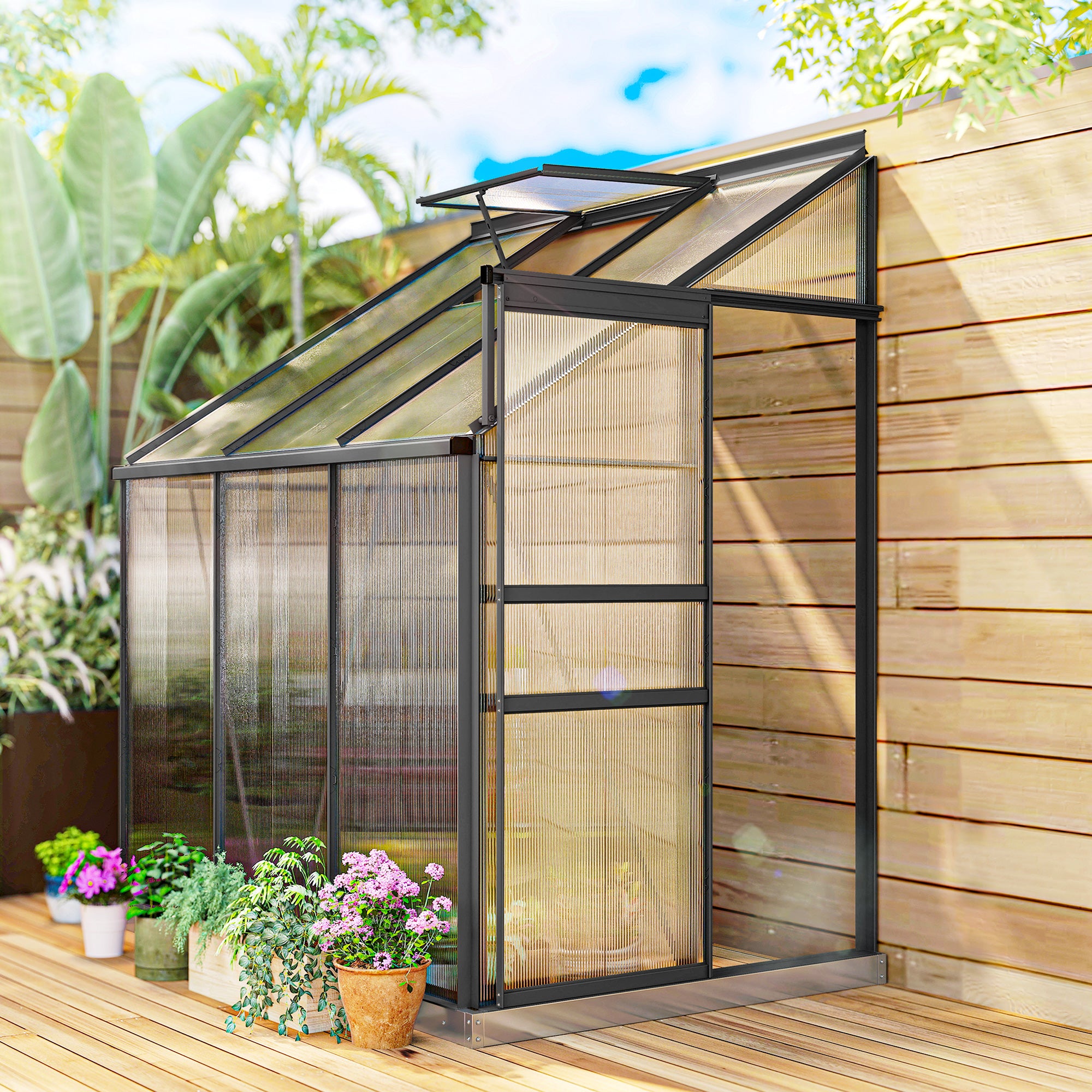6' x 4' Lean-to Greenhouse - Dark Grey Aluminum & Polycarbonate-DECOROLALA