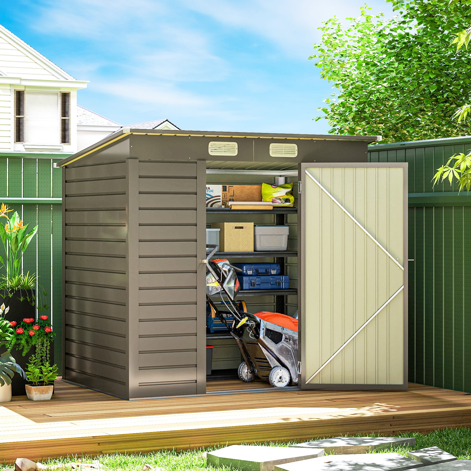 6 x 4FT Galvanized Metal Garden Storage Shed - Light Grey-Patio & Garden > Lawn & Garden > Sheds-DECOROLALA