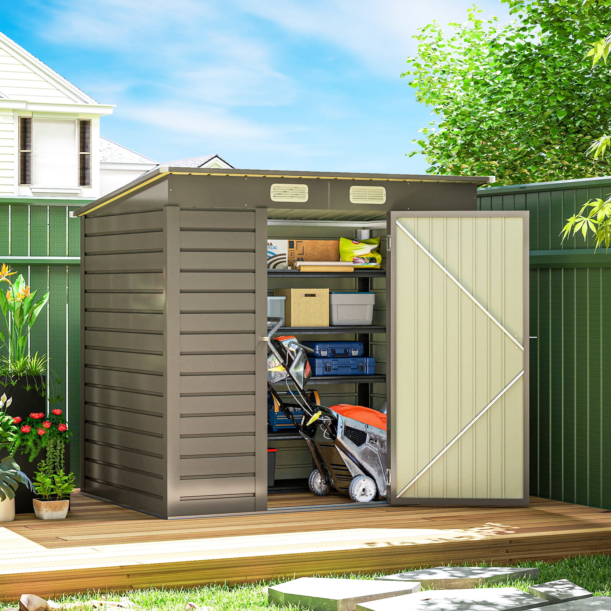 6 x 4FT Galvanized Metal Garden Storage Shed - Light Grey-Patio & Garden > Lawn & Garden > Sheds-DECOROLALA