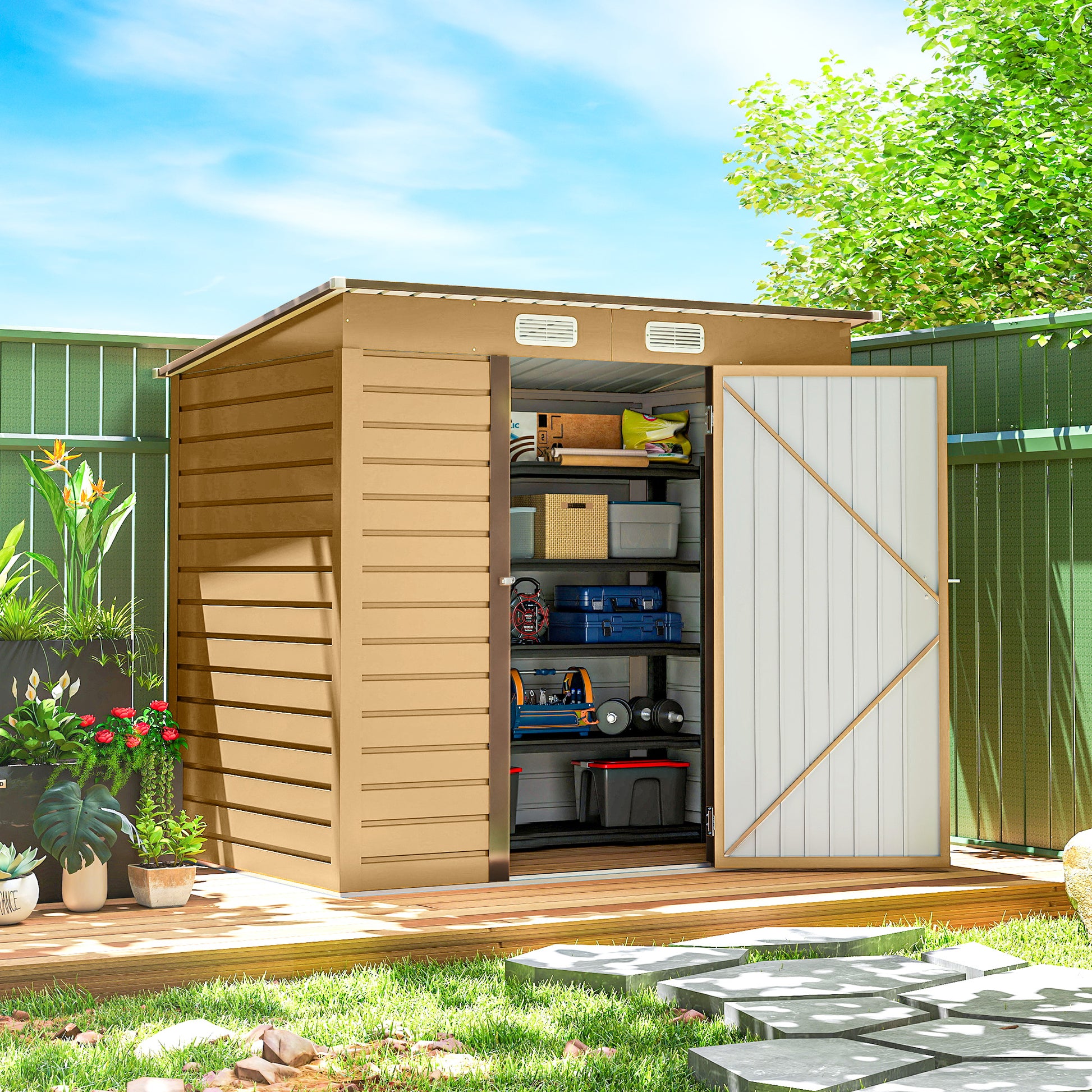 6 x 4FT Galvanized Metal Garden Storage Shed - Yellow-Patio & Garden > Lawn & Garden > Sheds-DECOROLALA