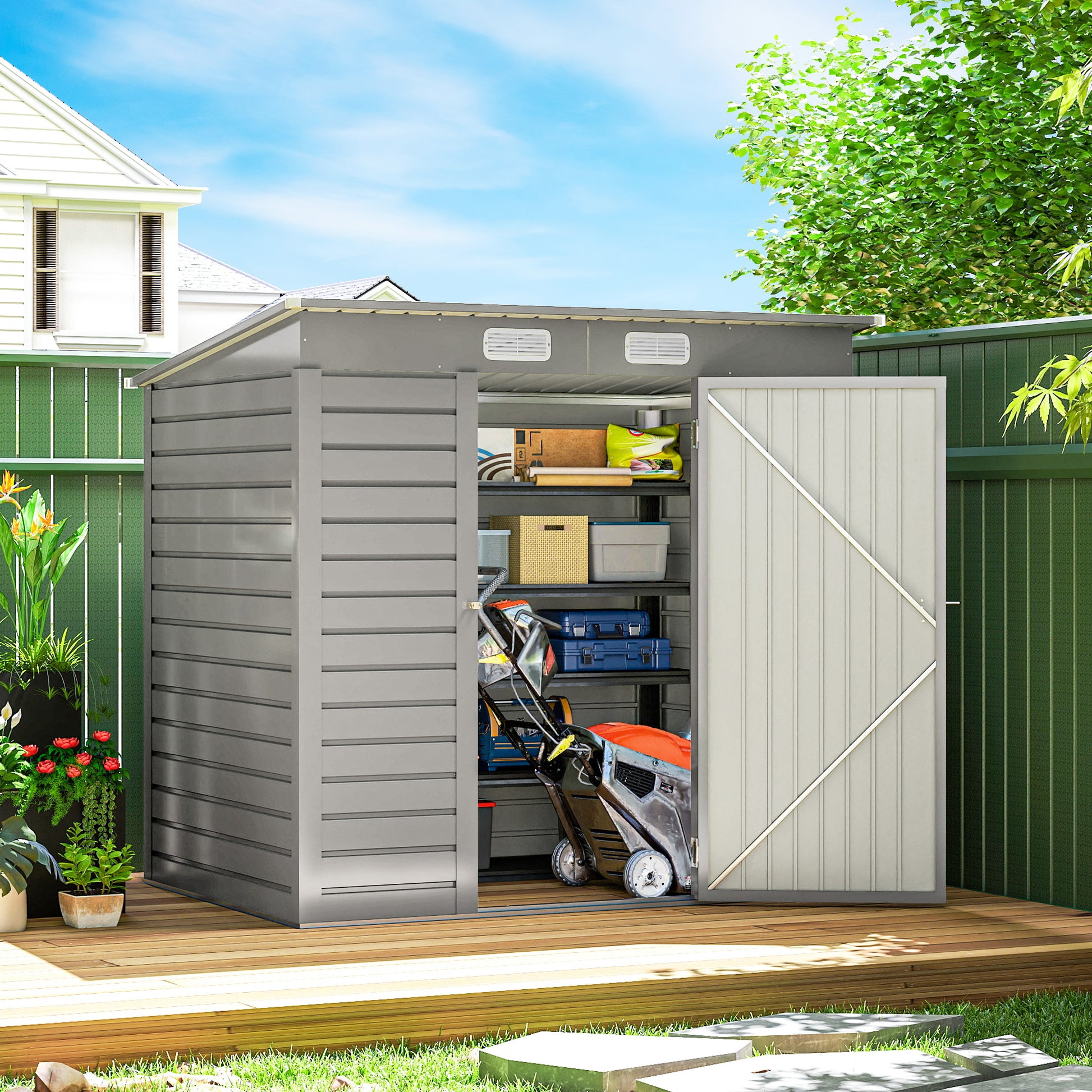 6 x 4FT Galvanized Steel Garden Storage Shed - Light Grey-Patio & Garden > Lawn & Garden > Sheds-DECOROLALA