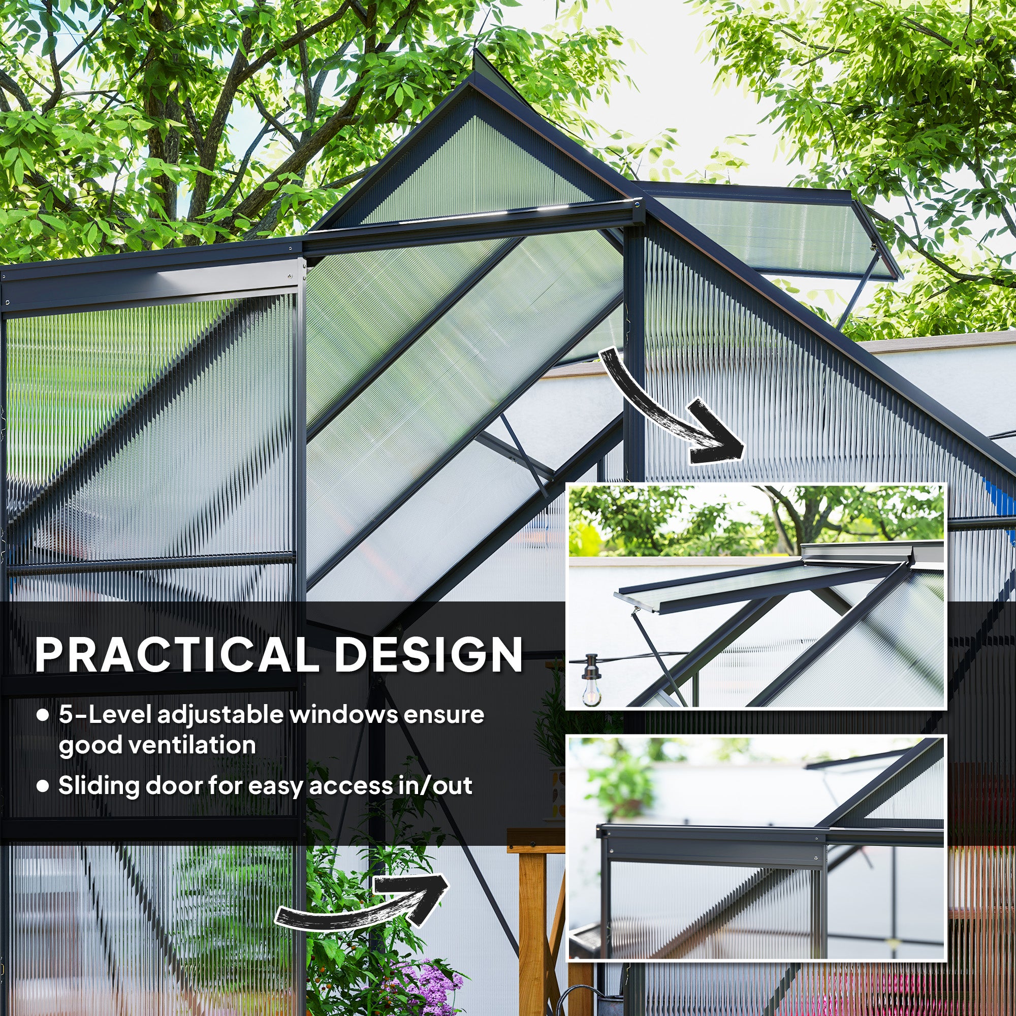 6' x 6' Polycarbonate Walk-in Greenhouse - Grey-DECOROLALA