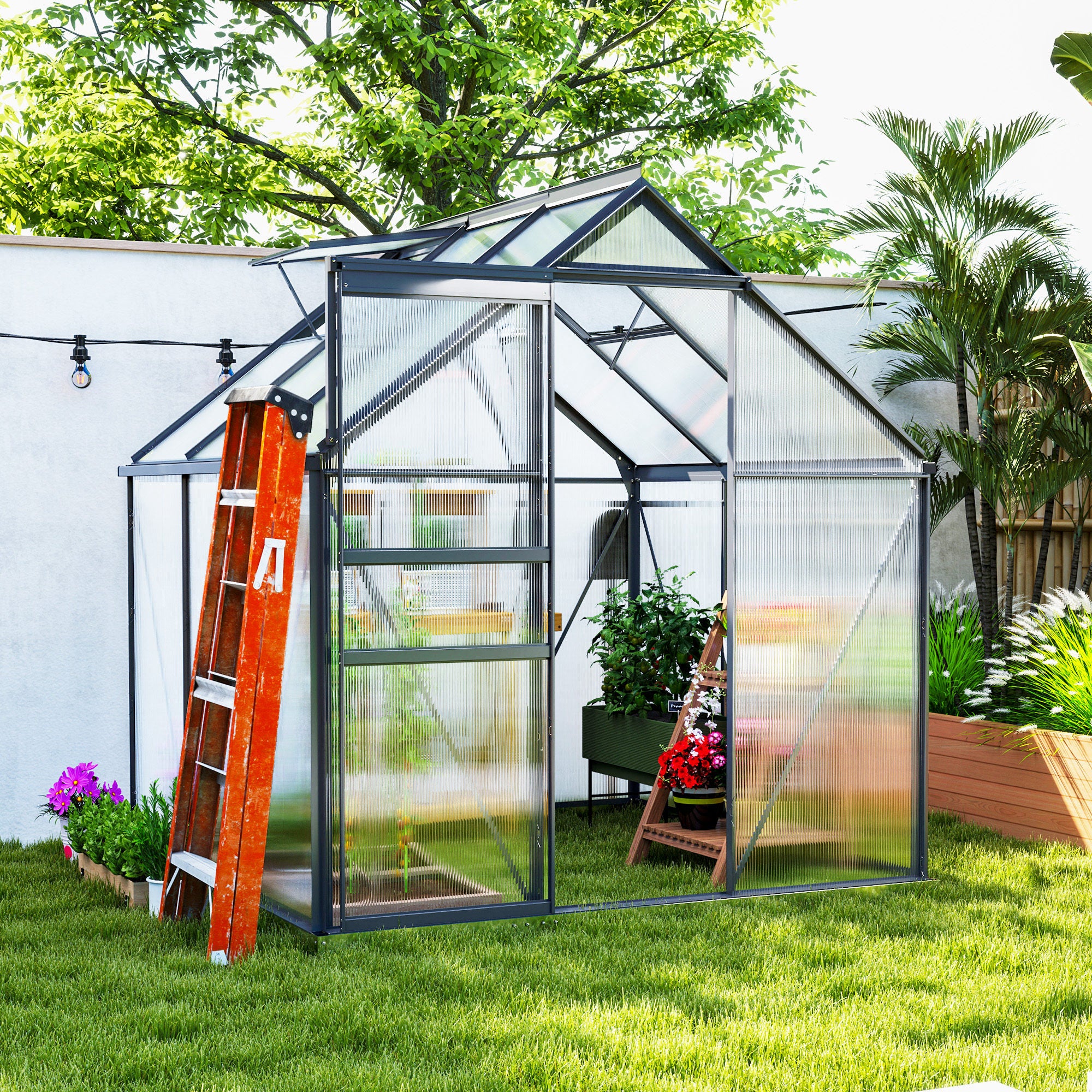 6' x 6' Polycarbonate Walk-in Greenhouse - Grey-DECOROLALA
