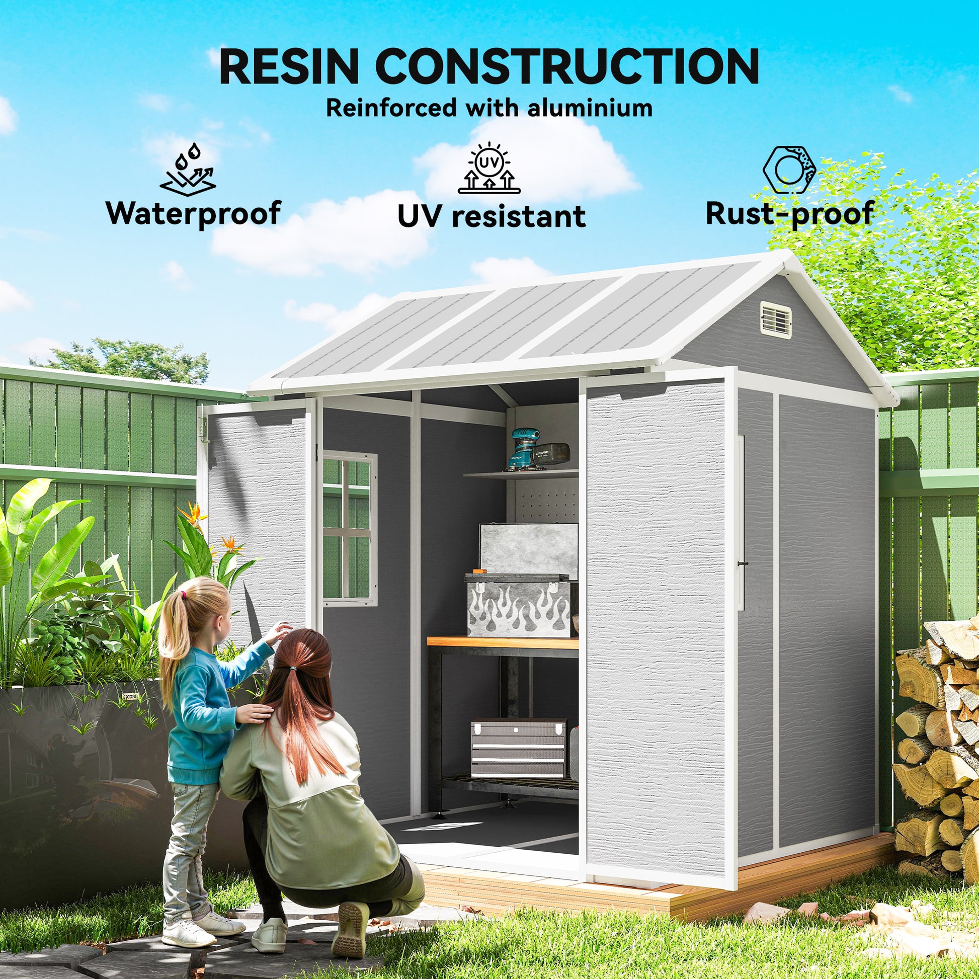 6' x 6' Resin Outdoor Storage Shed with Floor - Grey-Patio & Garden > Lawn & Garden > Sheds-DECOROLALA