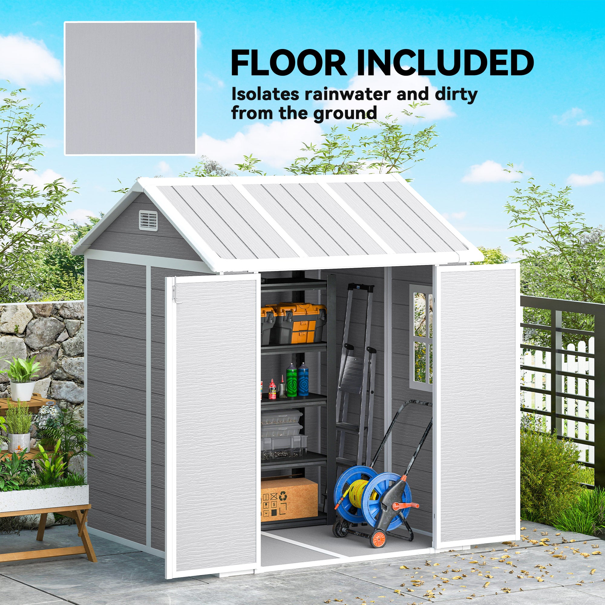 6' x 6' Resin Outdoor Storage Shed with Floor - Grey-Patio & Garden > Lawn & Garden > Sheds-DECOROLALA