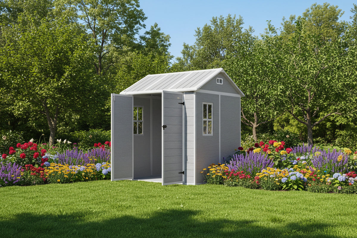 6' x 6' Resin Outdoor Storage Shed with Floor - Grey-Patio & Garden > Lawn & Garden > Sheds-DECOROLALA