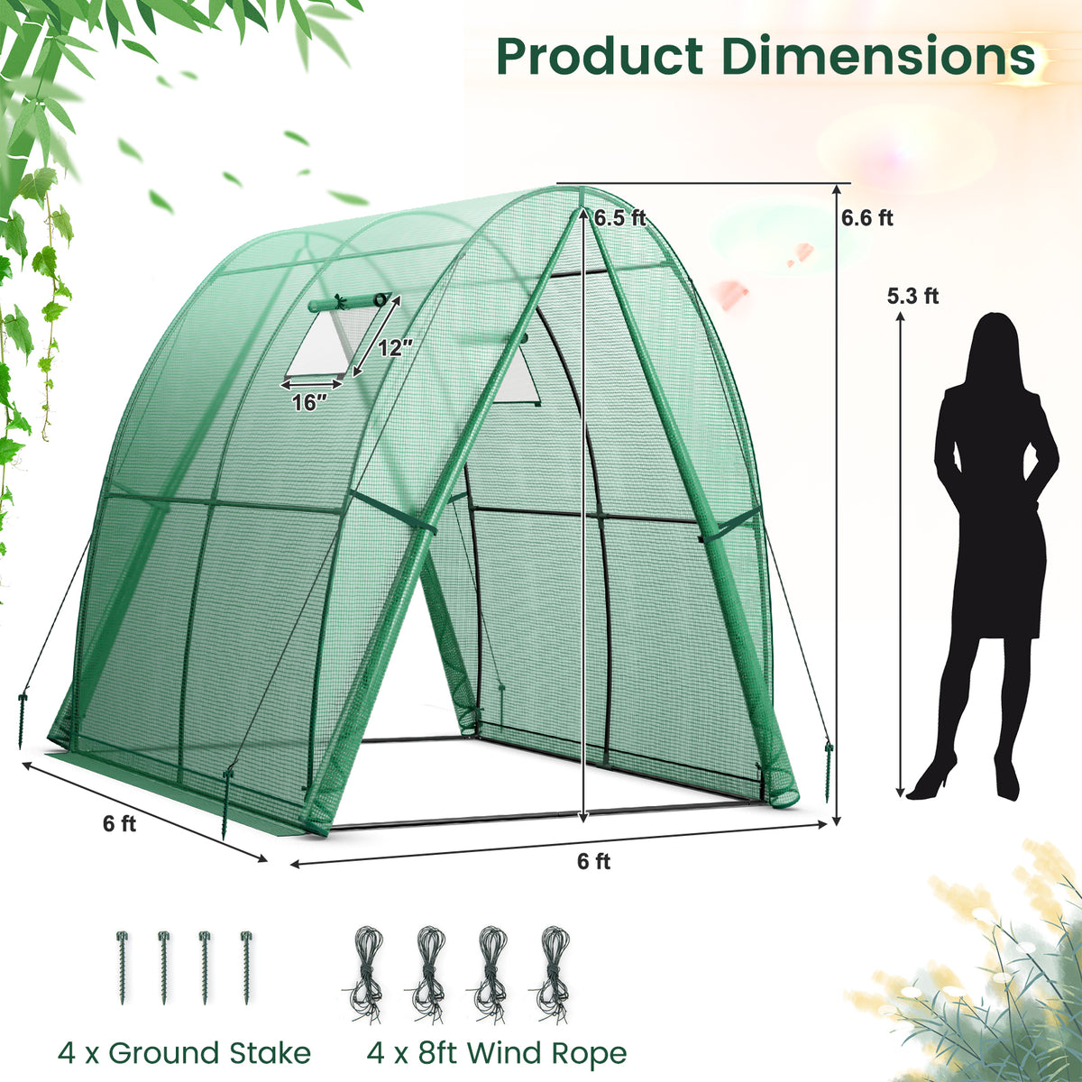 6 x 6 x 6.6 FT Outdoor Wall-in Tunnel Greenhouse-Green-Greenhouses-DECOROLALA