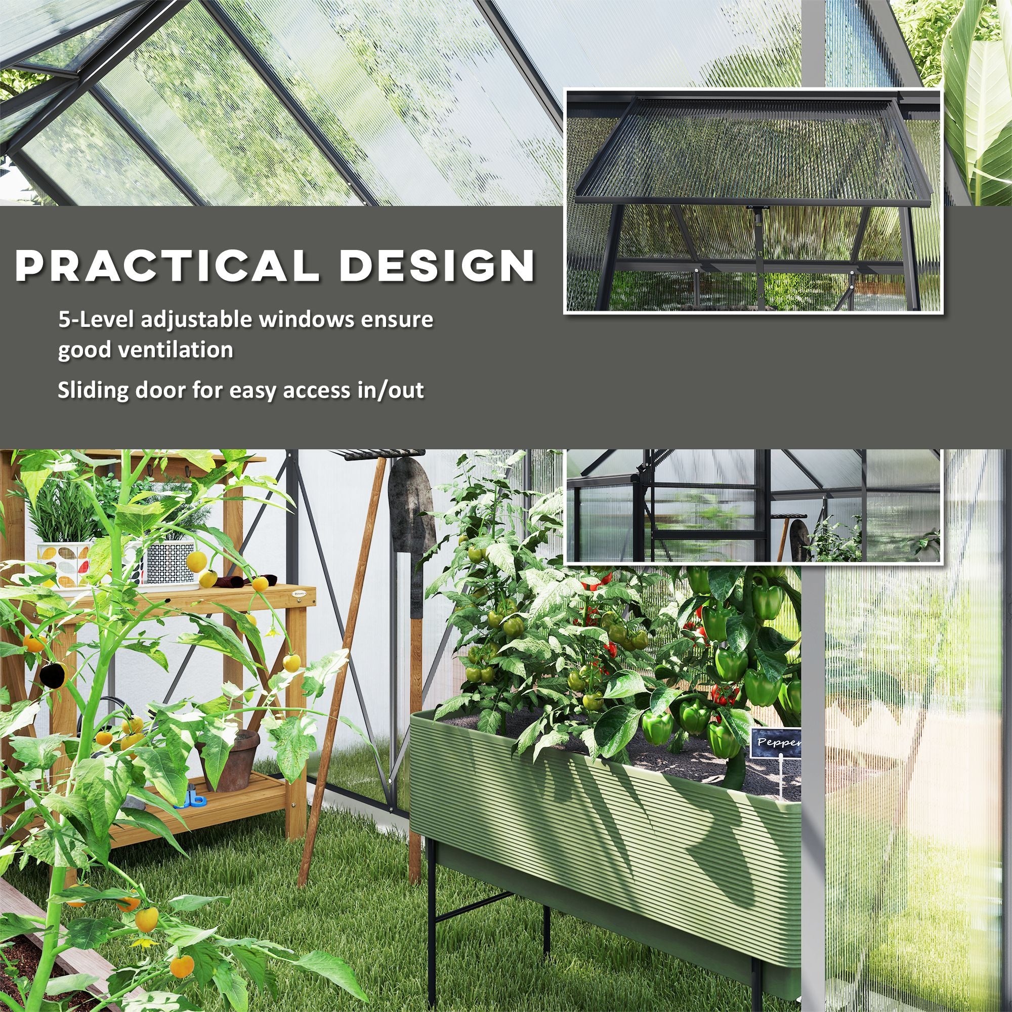 6' x 8' Polycarbonate Greenhouse - Charcoal Grey-DECOROLALA