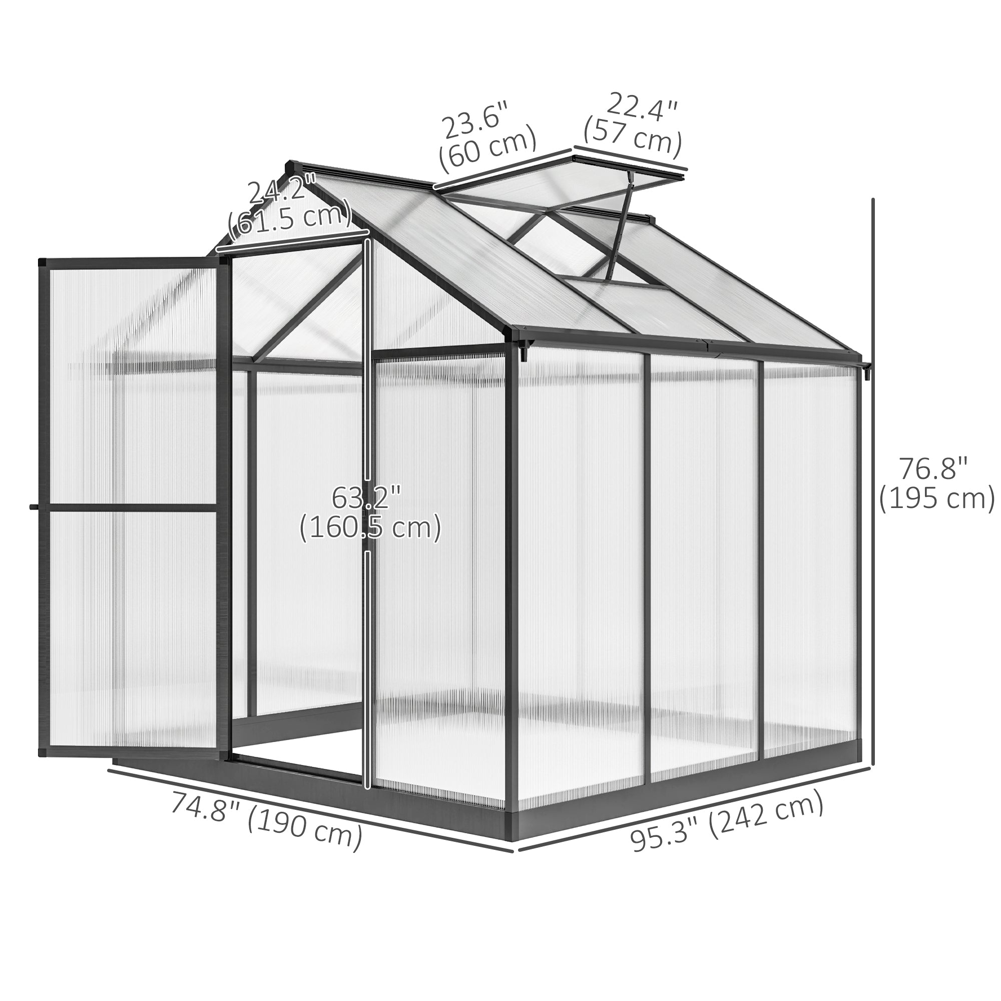 6' x 8' Polycarbonate Greenhouse - Charcoal Grey Aluminum Kit-DECOROLALA