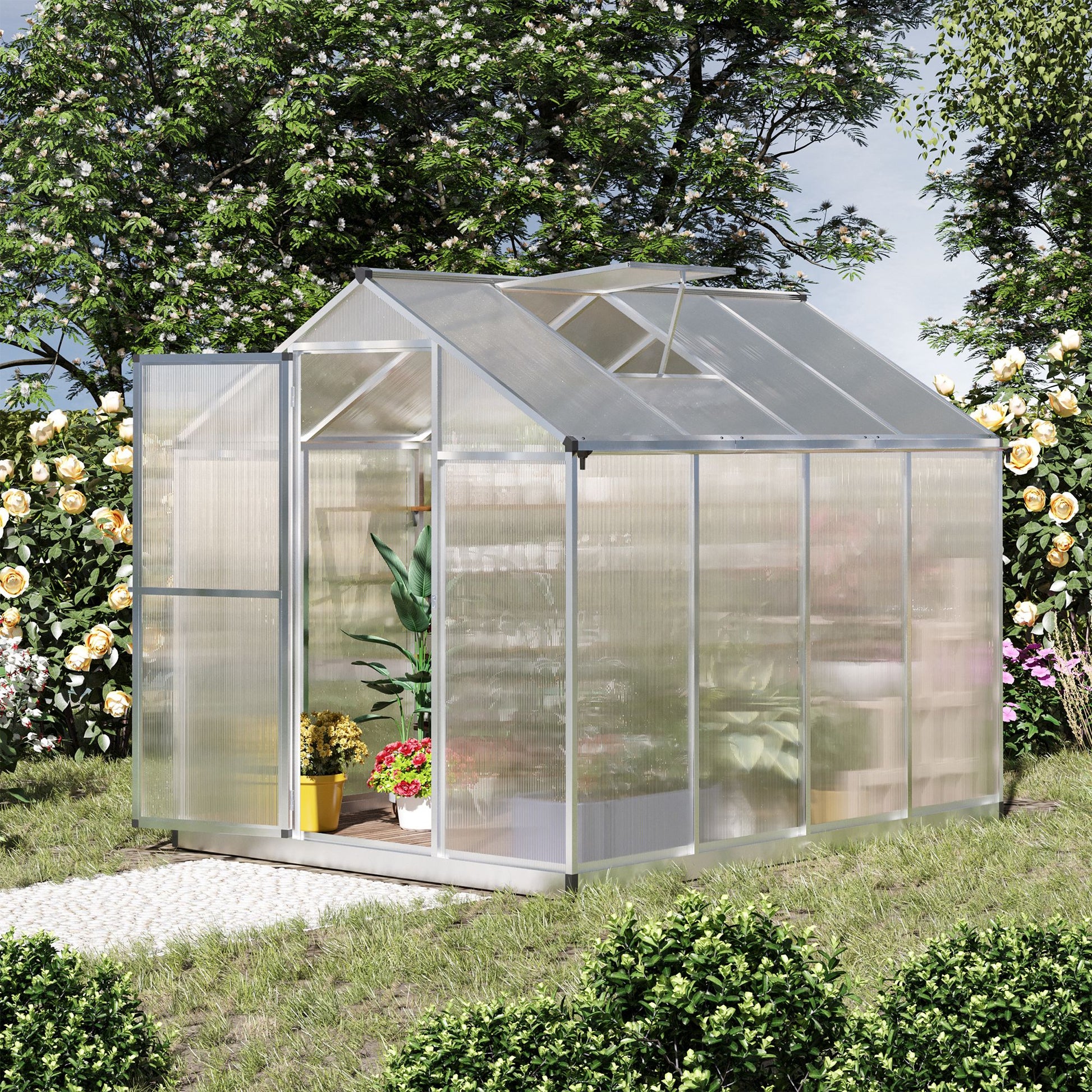 6' x 8' Polycarbonate Walk-In Greenhouse - Silver-DECOROLALA