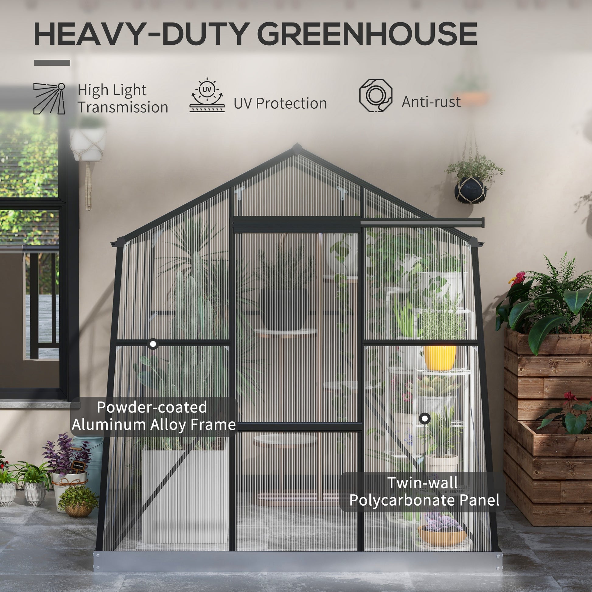 6' x 8' Walk-in Polycarbonate Greenhouse - Black-DECOROLALA