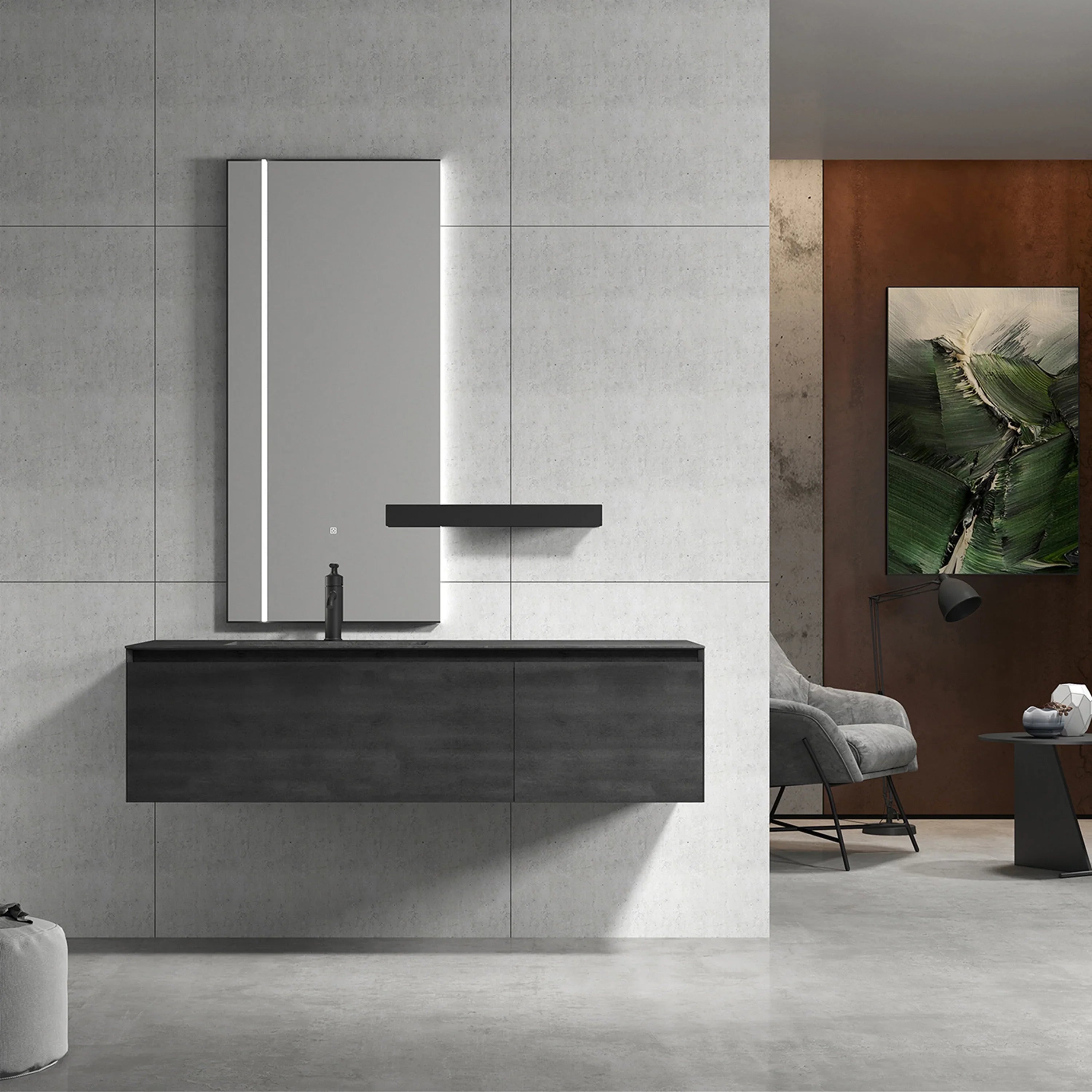 60" Antique Silver Floating Vanity with Dark Ash Sintered Countertop & Seamless Ceramic Sink-Migration_Bathroom Vanities-DECOROLALA