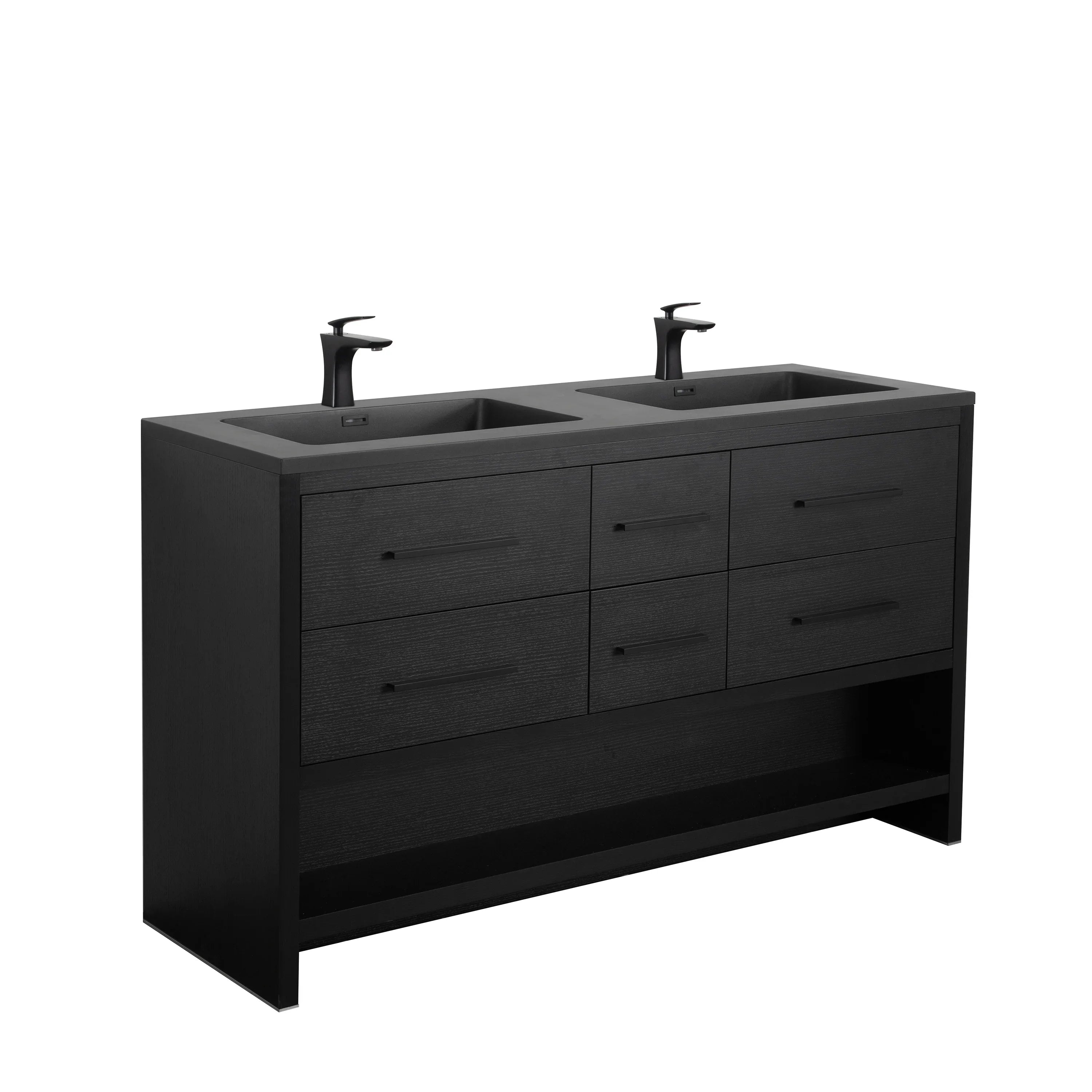 60" Black Oak Freestanding Double Sink Bathroom Vanity with Black Engineered Quartz Countertop-Migration_Bathroom Vanities-DECOROLALA