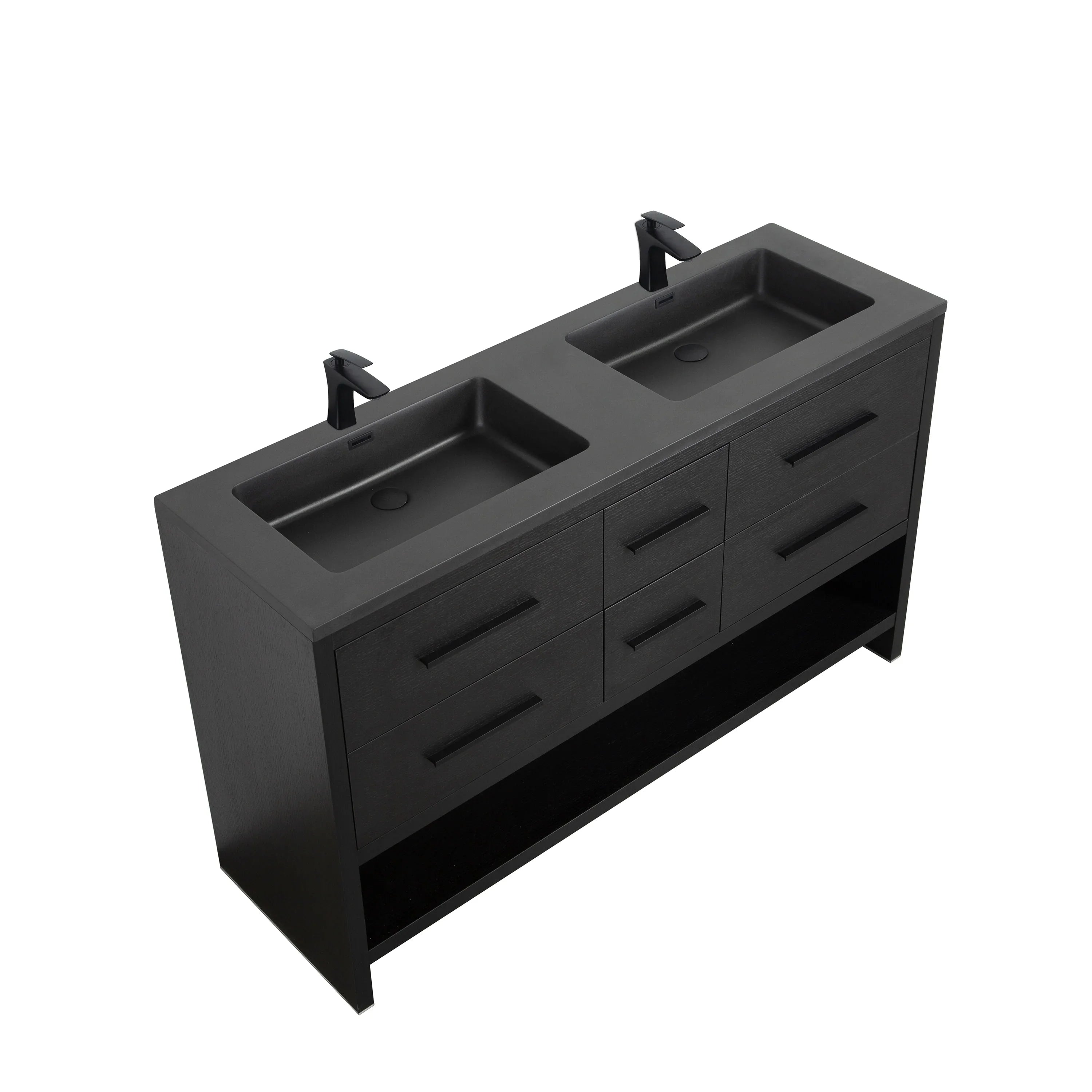 60" Black Oak Freestanding Double Sink Bathroom Vanity with Black Engineered Quartz Countertop-Migration_Bathroom Vanities-DECOROLALA