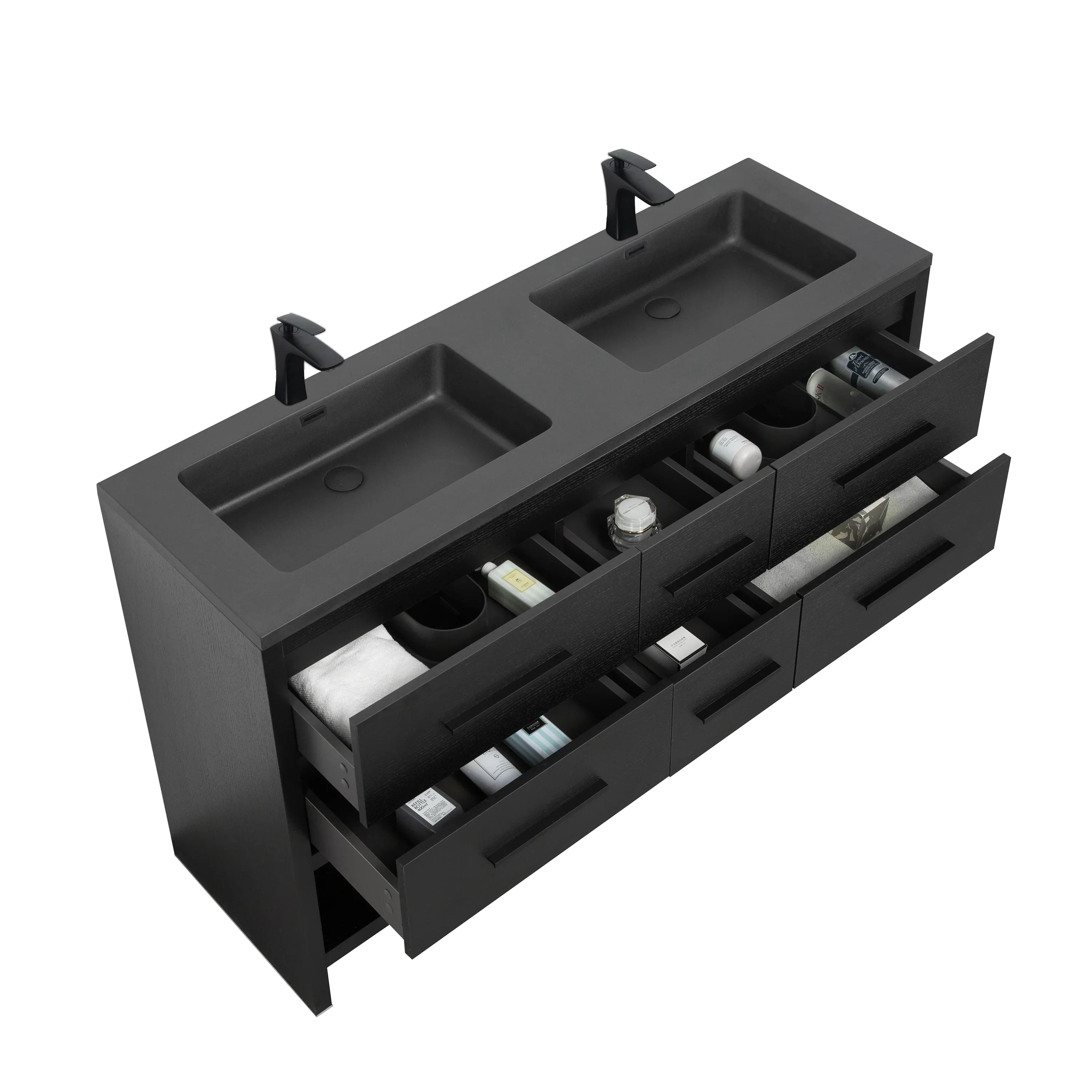 60" Black Oak Freestanding Double Sink Bathroom Vanity with Black Engineered Quartz Countertop-Migration_Bathroom Vanities-DECOROLALA