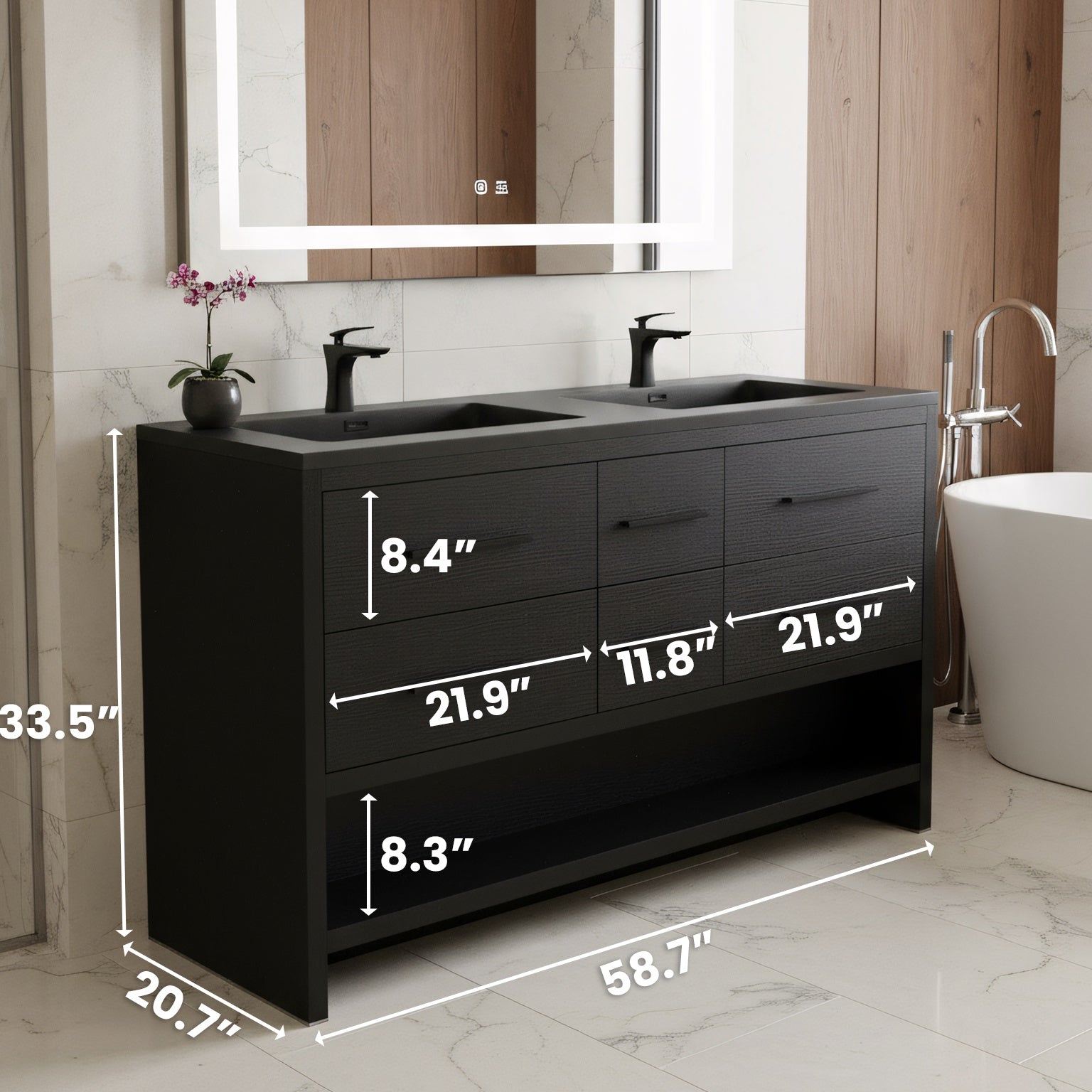 60" Black Oak Freestanding Double Sink Bathroom Vanity with Black Engineered Quartz Countertop-Migration_Bathroom Vanities-DECOROLALA