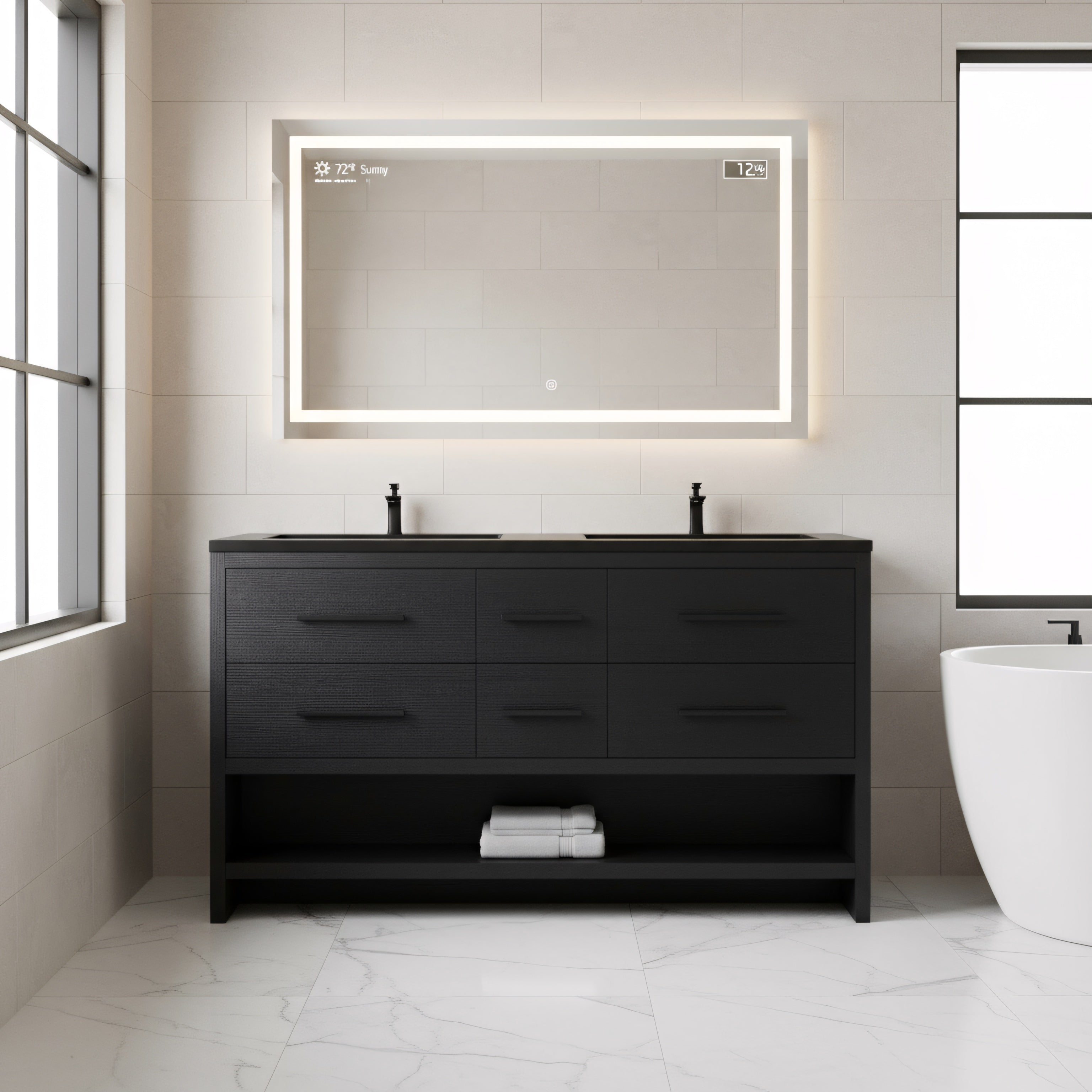 60" Black Oak Freestanding Double Sink Bathroom Vanity with Black Engineered Quartz Countertop-Migration_Bathroom Vanities-DECOROLALA