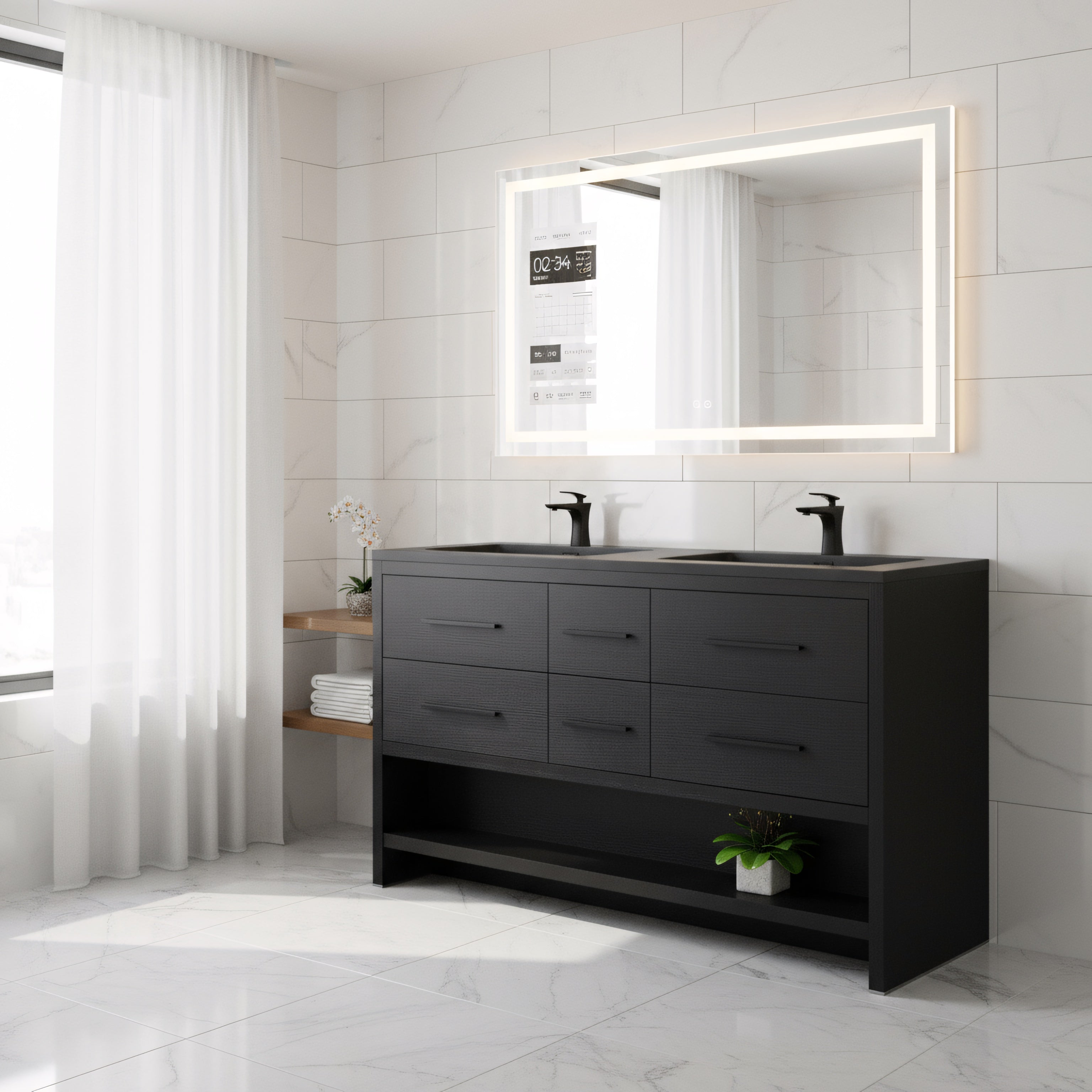 60" Black Oak Freestanding Double Sink Bathroom Vanity with Black Engineered Quartz Countertop-Migration_Bathroom Vanities-DECOROLALA