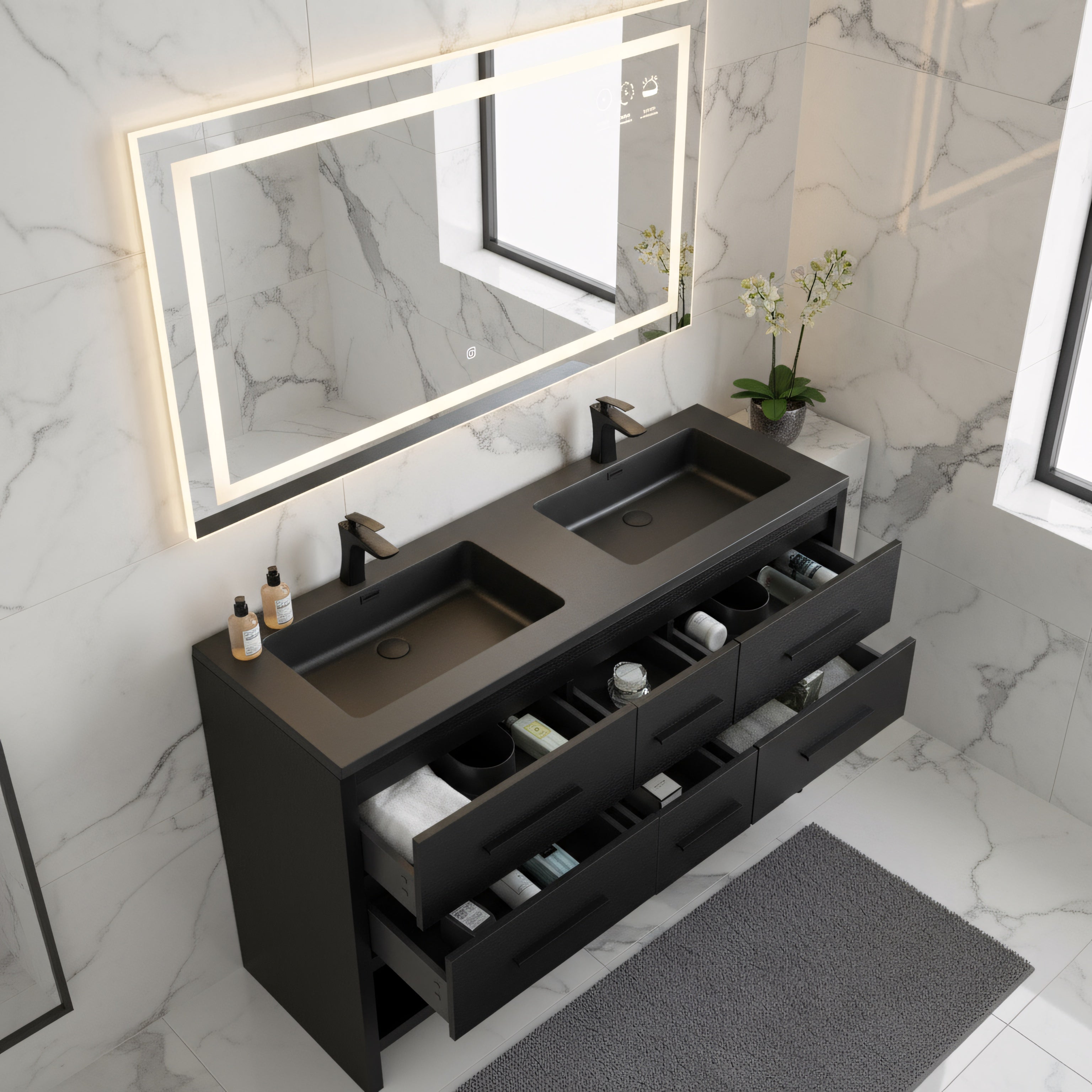 60" Black Oak Freestanding Double Sink Bathroom Vanity with Black Engineered Quartz Countertop-Migration_Bathroom Vanities-DECOROLALA