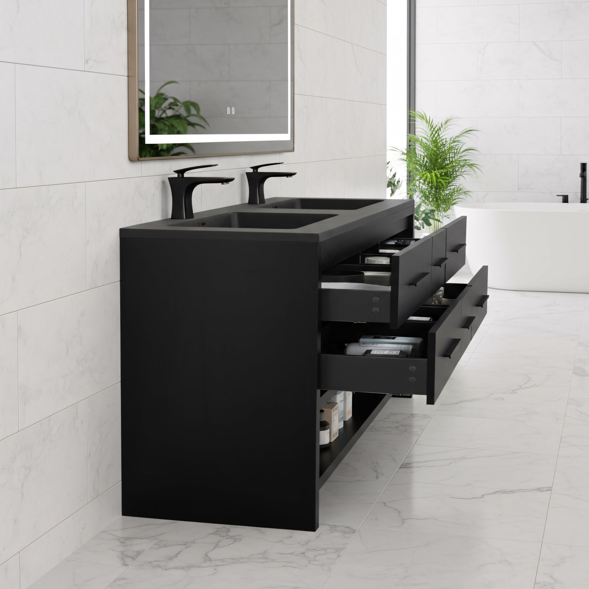 60" Black Oak Freestanding Double Sink Bathroom Vanity with Black Engineered Quartz Countertop-Migration_Bathroom Vanities-DECOROLALA