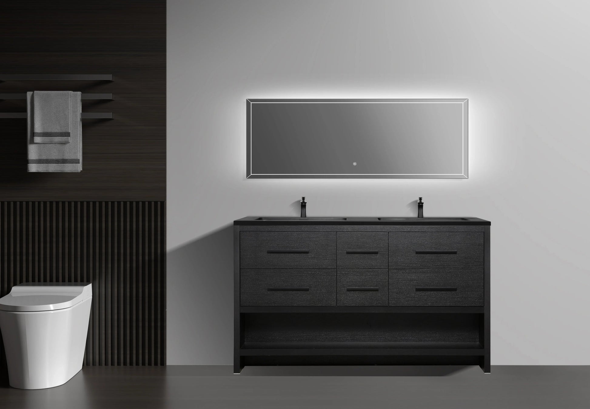 60" Black Oak Freestanding Double Sink Bathroom Vanity with Black Engineered Quartz Countertop-Migration_Bathroom Vanities-DECOROLALA