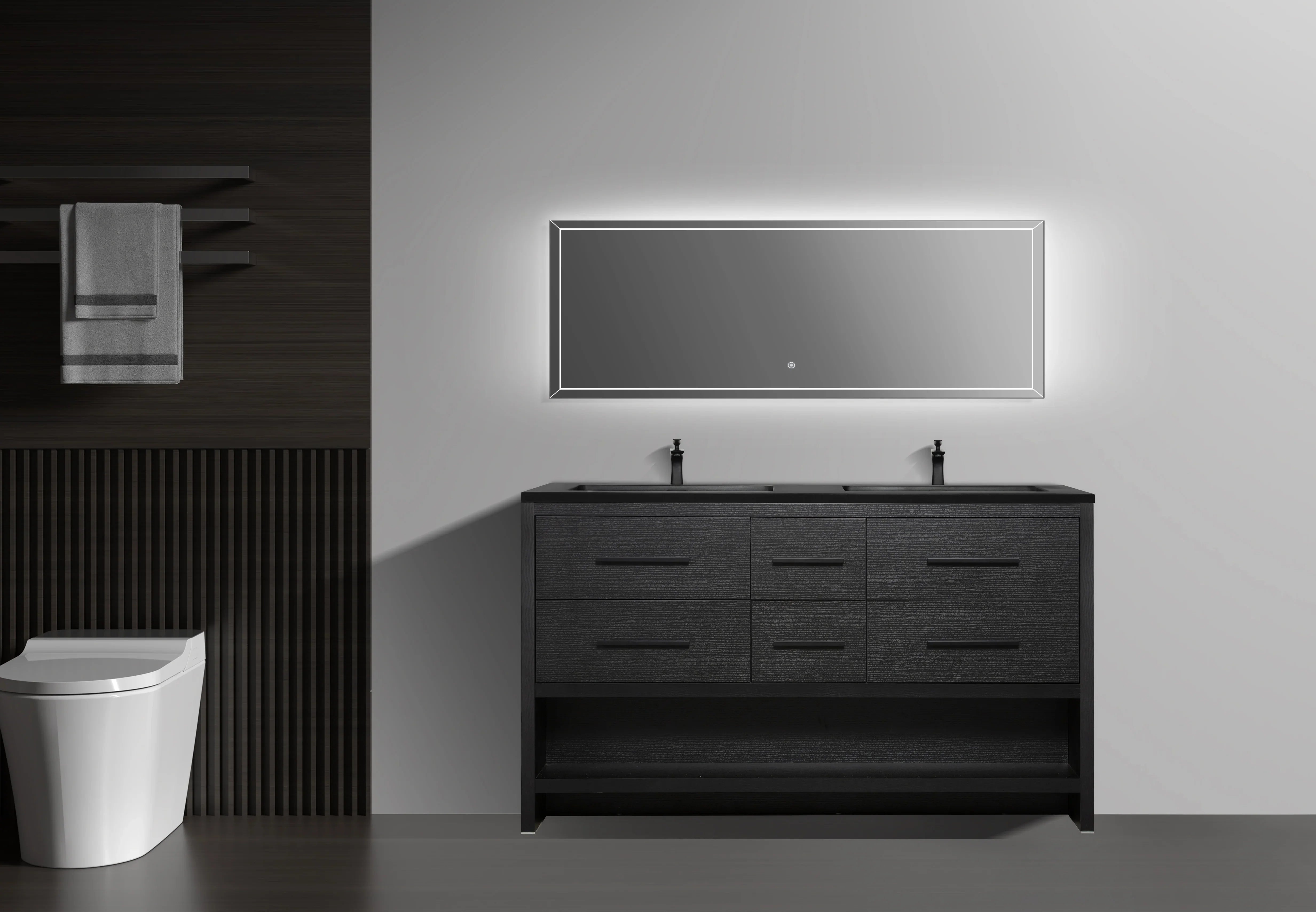 60" Black Oak Freestanding Double Sink Bathroom Vanity with Black Engineered Quartz Countertop-Migration_Bathroom Vanities-DECOROLALA