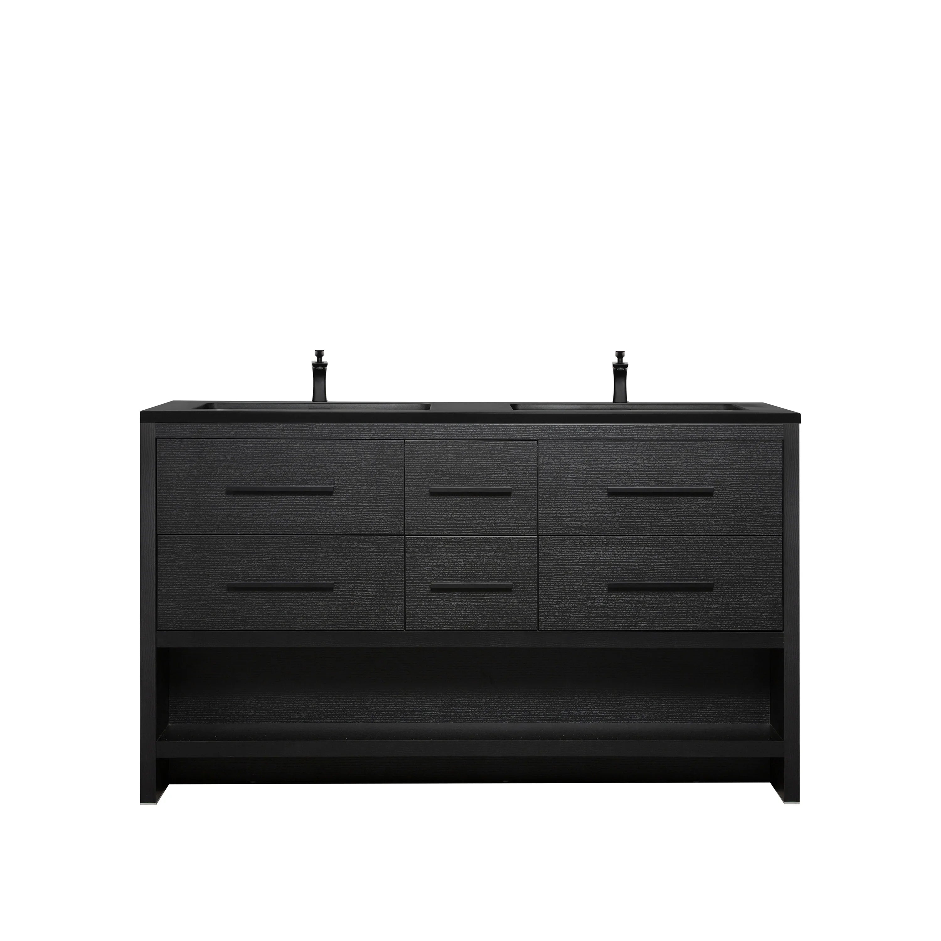 60" Black Oak Freestanding Double Sink Bathroom Vanity with Black Engineered Quartz Countertop-Migration_Bathroom Vanities-DECOROLALA