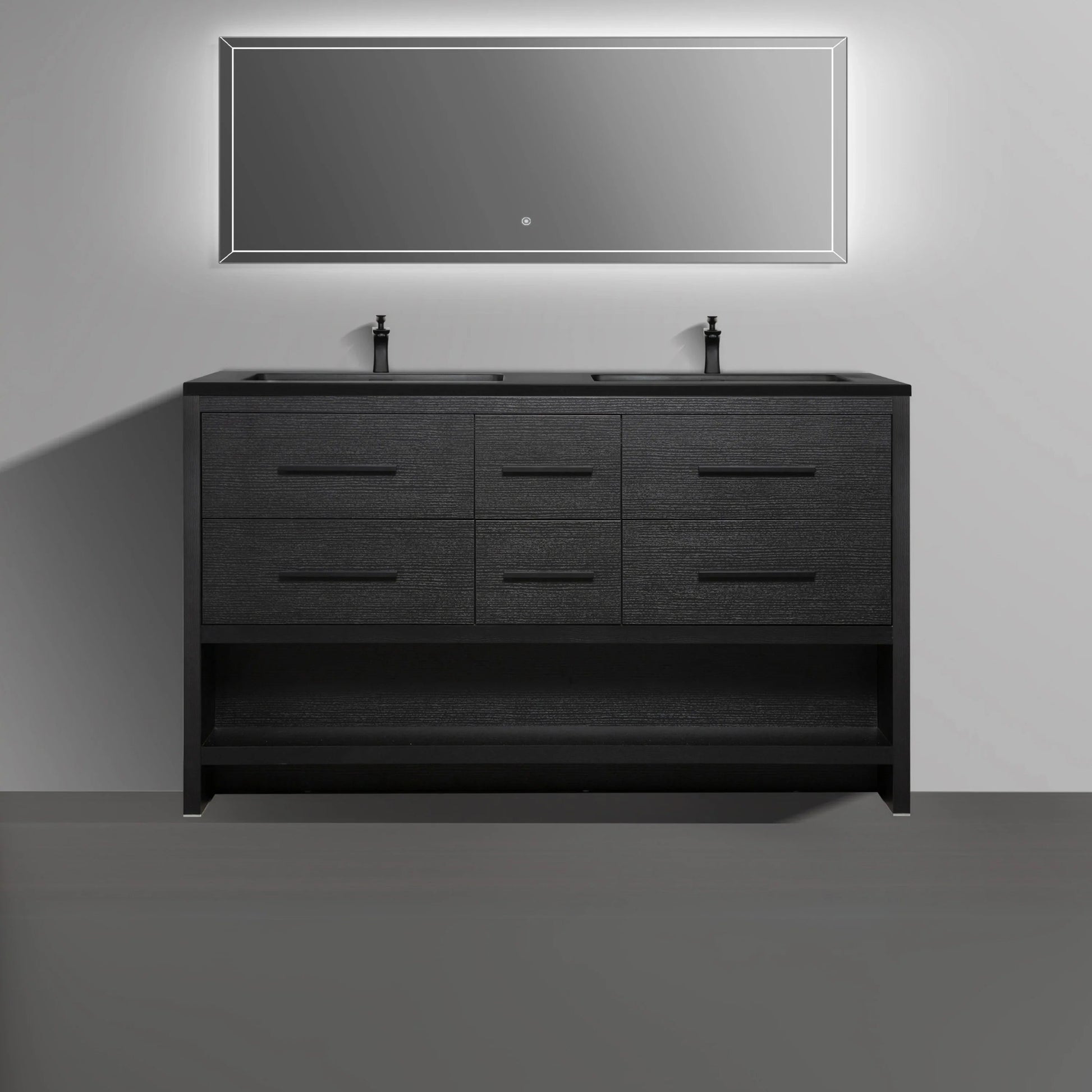 60" Black Oak Freestanding Double Sink Bathroom Vanity with Black Engineered Quartz Countertop-Migration_Bathroom Vanities-DECOROLALA