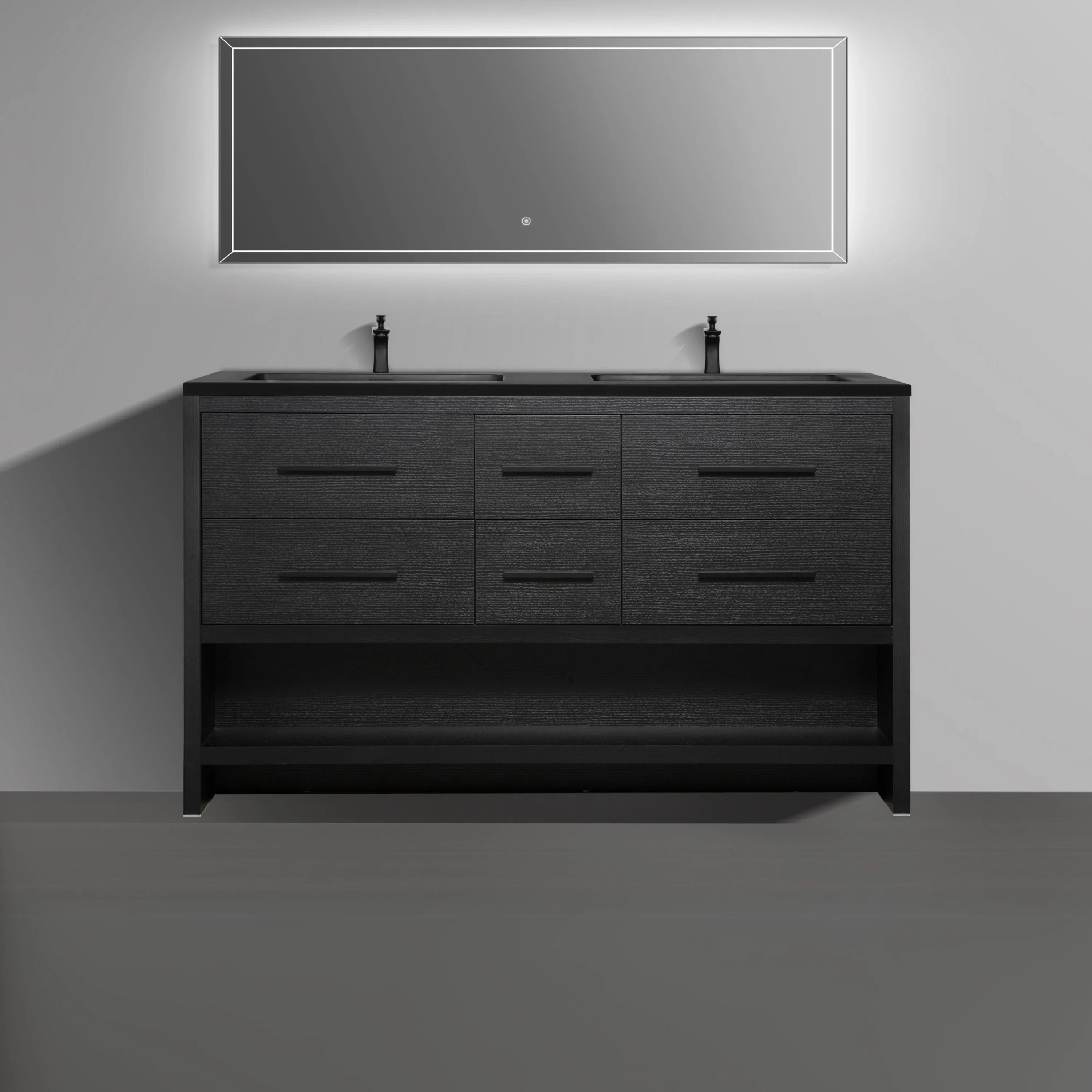 60" Black Oak Freestanding Double Sink Bathroom Vanity with Black Engineered Quartz Countertop-Migration_Bathroom Vanities-DECOROLALA