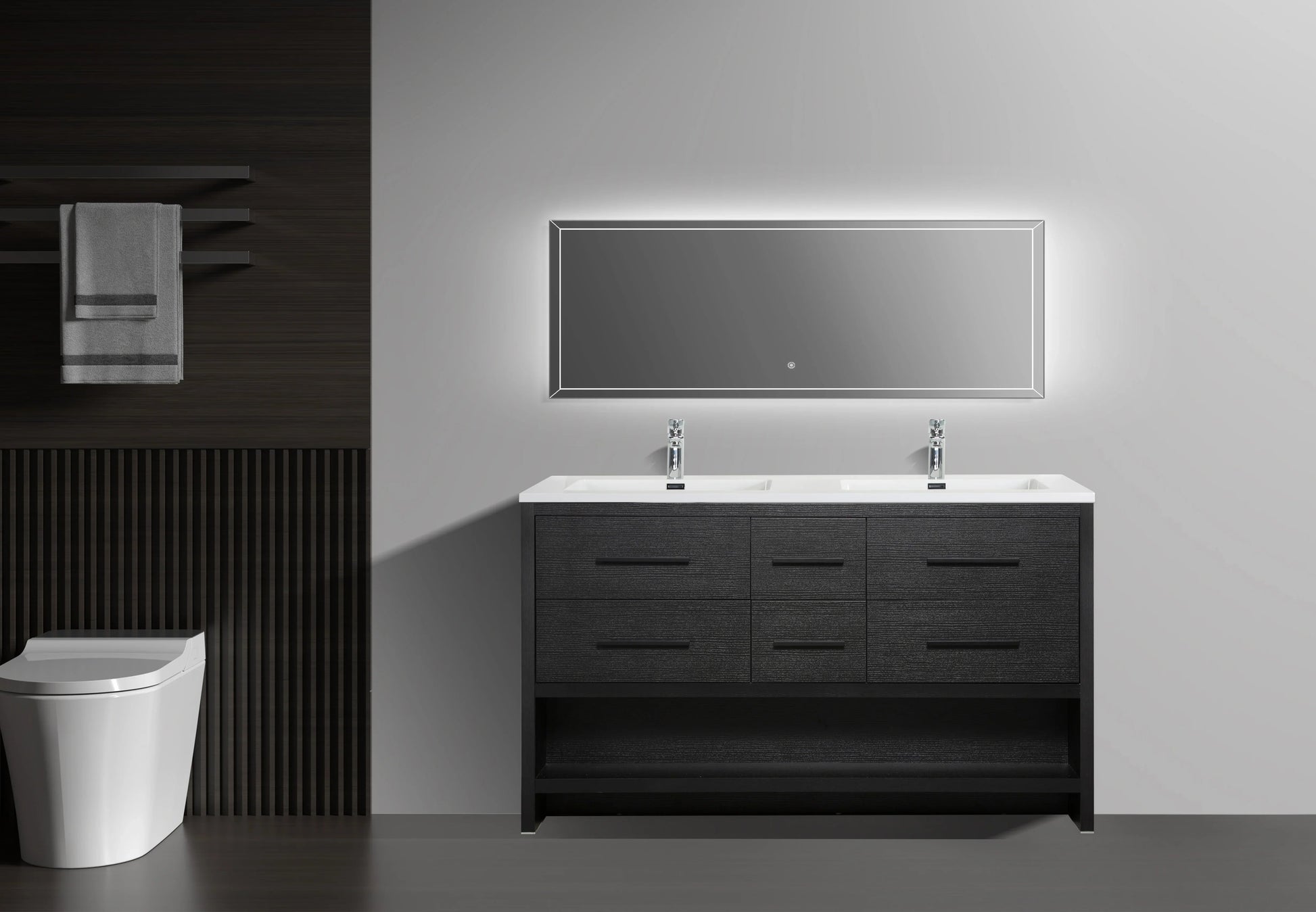 60" Black Oak Freestanding Double Sink Bathroom Vanity with White Polymarble Countertop-Migration_Bathroom Vanities-DECOROLALA